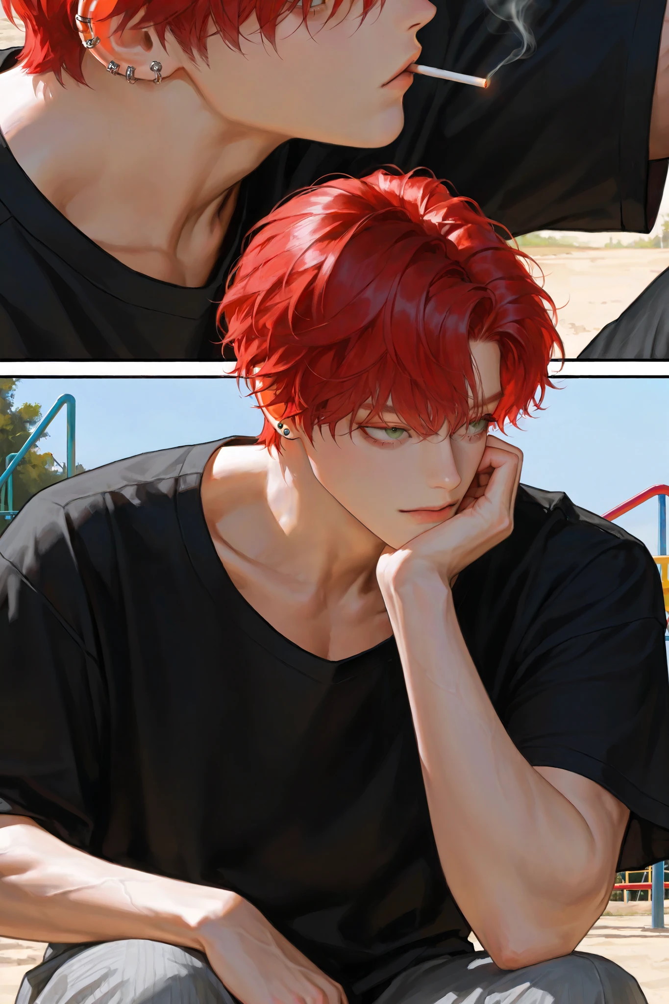middle-aged male, handsome, 헝클어진 red head, dark circles under the eyes , short hair, male-centered, handsome man, Thick painted , Korean Comic Style , semi-realistic art , semi-realistic art style, Expressive Brushwork, Vibrant Brushstrokes, Impressionist painting , realistic skin, realistic hair , realistic details , Photorealistic , face resting on hand, natural curly hair, red head, 6:4 bang, muscular, near, ear piercings , oversized black t-shirt, grey swearpants, outside, playground, Modern, slim muscular body, vein, collarbone, crouching, no cigarette, smoke near face, close-up, dangerous, beautiful, hazelnut with hint of green eyes, sharp