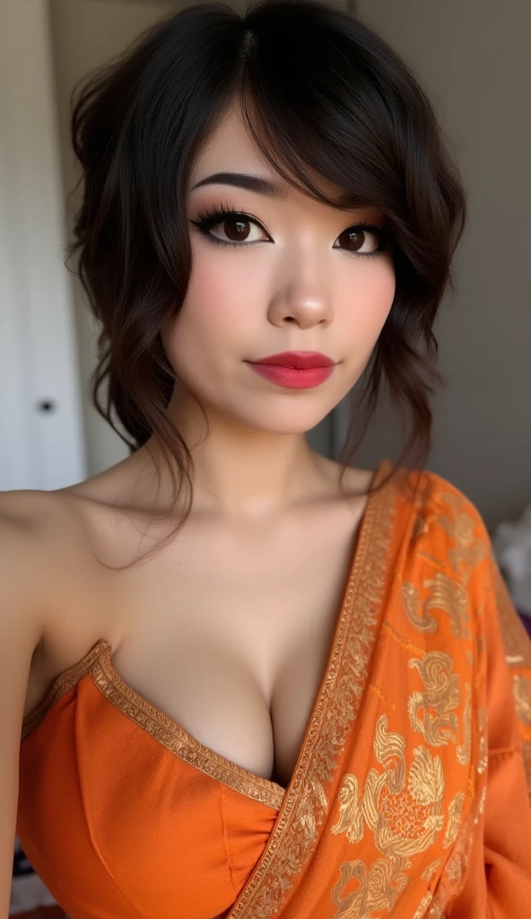 Wanita seksi berdada besar tersenyum manis ke arah penonton, berbaju putih tembus pandang, rambut hitam terurai, kalung, anting-anting, jam tangan wanita, gambar 32K, resolusi tinggi, real skin texture,