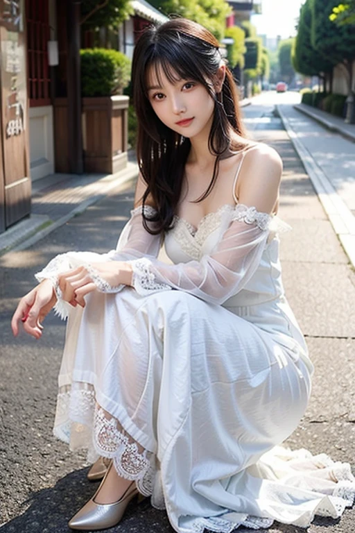 ((((Detailed explanation)))),(((masterpiece、Highest quality、Very detailed:1.42、Focus on the eyes)))、Female in her late s、Portraiture、Blurred cityscape at dusk、Silhouette of buildings and street lampedium length dark-brown hair、natural wavy curls、The wind is blowing softly、Some hair falls to the side of the face、Skin is smooth、Healthy olive color、The tan lines are faintly visible、Natural redness on the cheeks、I have a few small laugh lines on my forehead、Eyes with dark brown irises、The pupil is shining, Reflects light、Long curled eyelashes、Highlights the eyes、Eyebrows are thin and trimmed、Natural Arch、Small nose、straight、straight nose、lips are plump、soft pink lip gloss、Ultra-thin camisole、Barefoot and barefoot、A simple silver bracelet on her right wrist、A small diamond earring sparkles in her left ear..、The expression is calm、have confidence、smile、(((Emphasize the contrast between light and shadow)))、Realistic textures and facial details