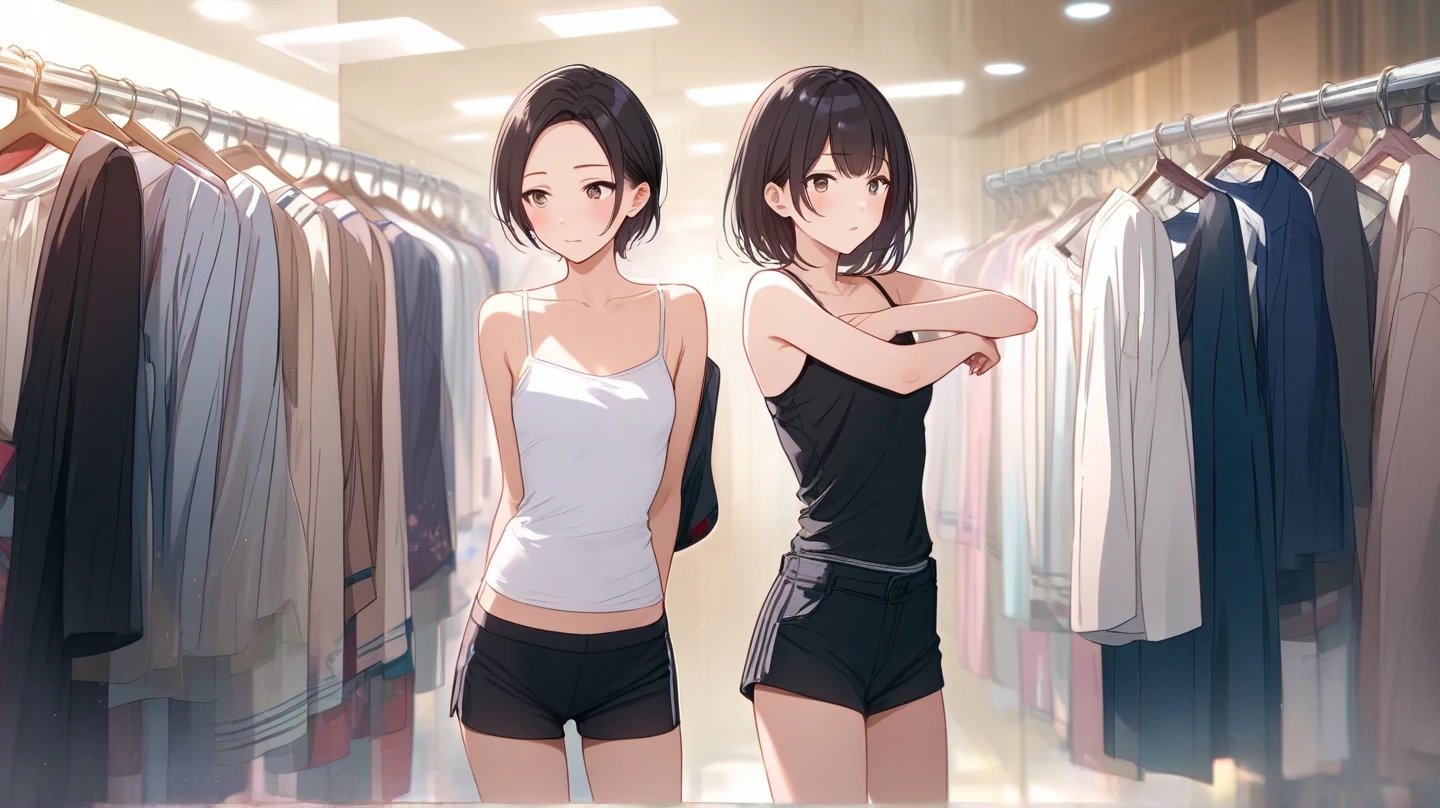 Short black hair ponytail,Pink eyes,Loving pupils,girl,huge tit,White sports shorts,white short sleeve,Clothes drenched in sweat,Stand a word horse,