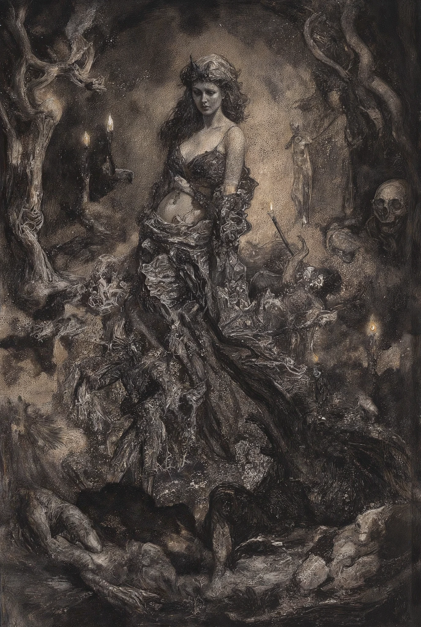 A hellish tableau unfolds on the ravaged battlefield of Armageddon: an alluring demoness saunters amidst the scattered s. Twisted trees and skeletal remains stretch towards the darkened sky like grasping bony fingers. Torches cast eerie shadows, plunging the scene into an abyssal gloom. The demon's form, chiseled from darkness itself, stands bold in ink sketch lines, radiating terror and madness as it towers over the lifeless bodies. A deep, dark background swirls with eerie energy, illuminated only by faint moonlight casting long shadows across the gruesome scene.