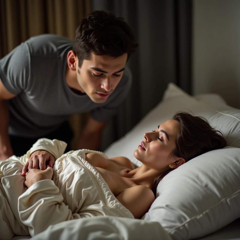 One of the beds, but there was something on her leg. Her husband tried to take off her panties to see what it was.
