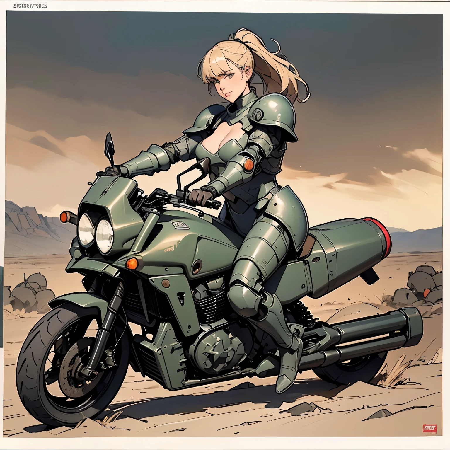 masterpiece, best quality, mgs3eva, tan jumpsuit, blue eyes, goggles around neck, black bra, belt, gloves, boots, road, riding a motorcycle <lora:eva-nvwls-v1-000012:1.0>