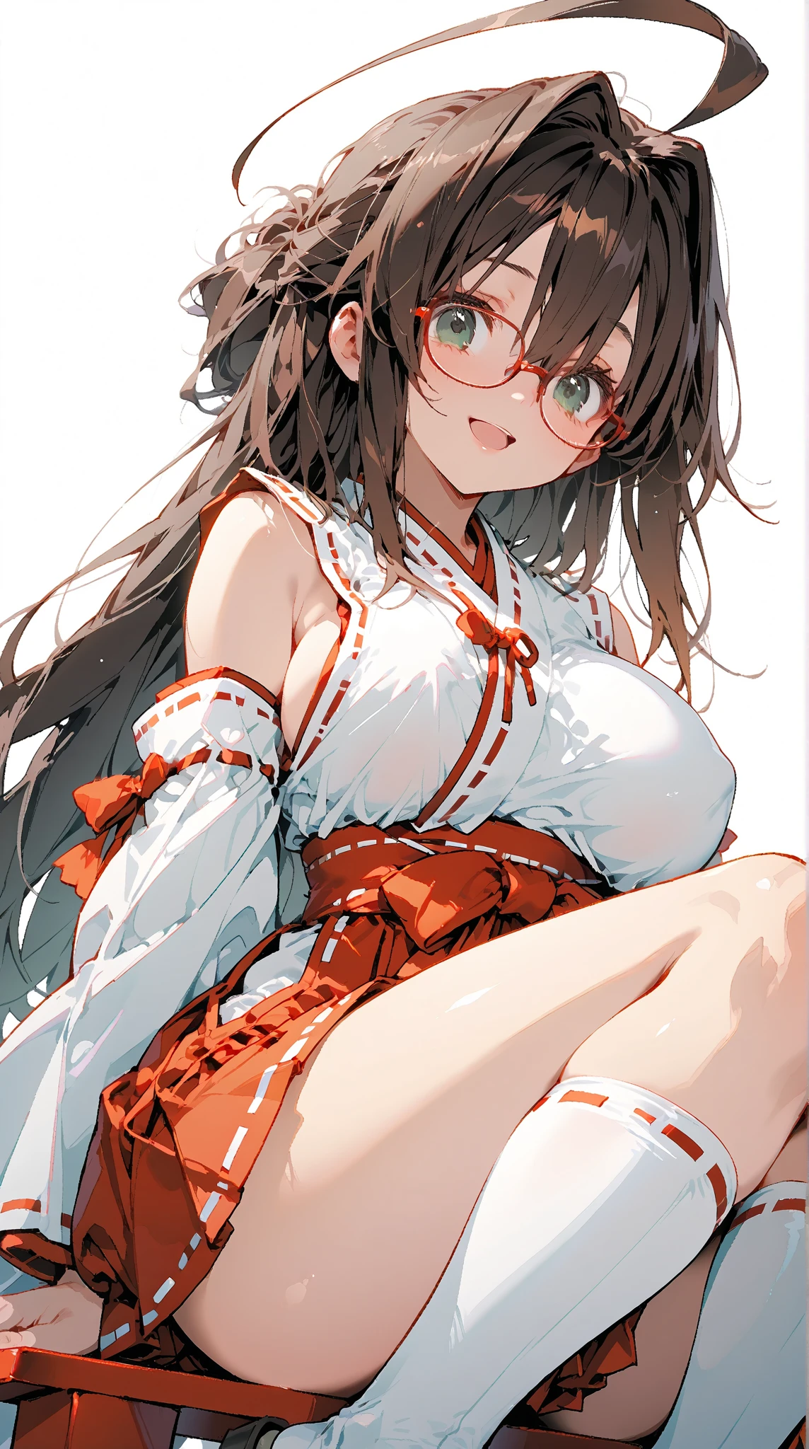 High resolution, high quality, 1 girl, anime girl, brown long hair, brown eyes,heart-shaped pupil, green glasses, tanned skin, big breasts,beautiful breasts, (important moment,red mini skirt,Are standing,At the shrine,snow Road,