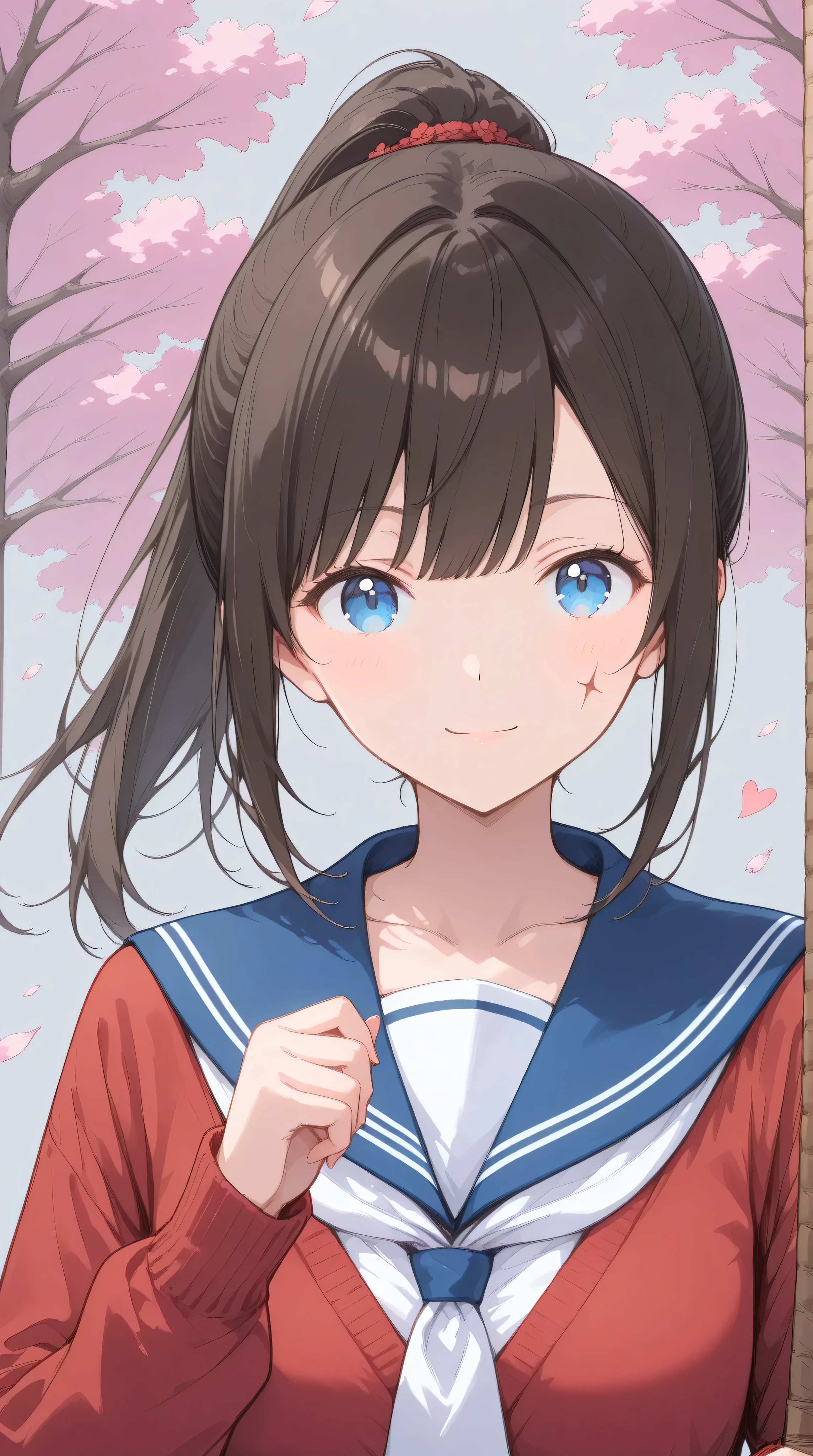 (watercolor:0.4), (pastel:0.6), 1 girl, alone, blue eyes, school uniform, ponytail for beauty, long hair, looking at viewer, sailor suit, upper body, sailor collar, heart, black hair, cardigan, necktie, bangs, black, white necktie, closed mouth, sidelocks, gray background, collarbone, long sleeves, blue sailor collar as base, 1 girl, ponytail, brown hair, blue eyes, red swordsman's kimono, drawing a sword, cross wound on her left cheek, scenery of Kyoto at the end of the Edo period, cherry blossoms dancing, gentle smile.