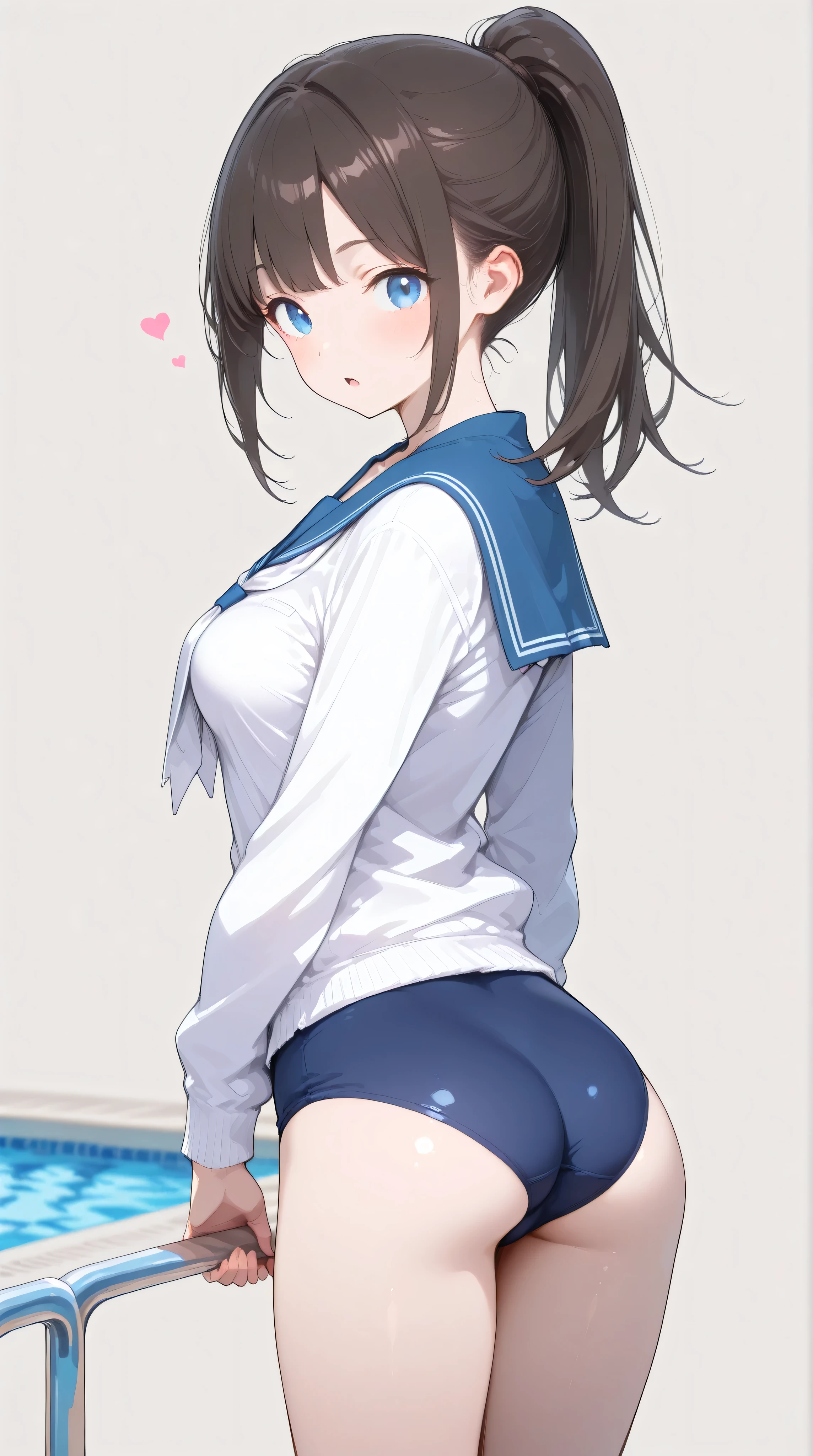 (watercolor:0.4), (pastel:0.6), 1 girl, alone, blue eyes, school uniform, ponytail for beauty, long hair, looking at viewer, sailor suit, upper body, sailor collar, heart, black hair, cardigan, necktie, bangs, black, white necktie, closed mouth, sidelocks, gray background, collarbone, long sleeves, blue sailor collar as base, high resolution, best quality, solo, 1 girl, , , cute face, idol, beautiful hair, (brown hair), chignon hair, medium breasts, slender, detailed eyes, cute eyes, upturned gaze, beautiful legs, slim-legs, (slender legs), (pale skin), (fair skin), detailed skin, disdainful face, open mouth, looking at camera, (blush), petite, (school-swimsuit), (pool side), (focus on ass: 1.4), surprised look.