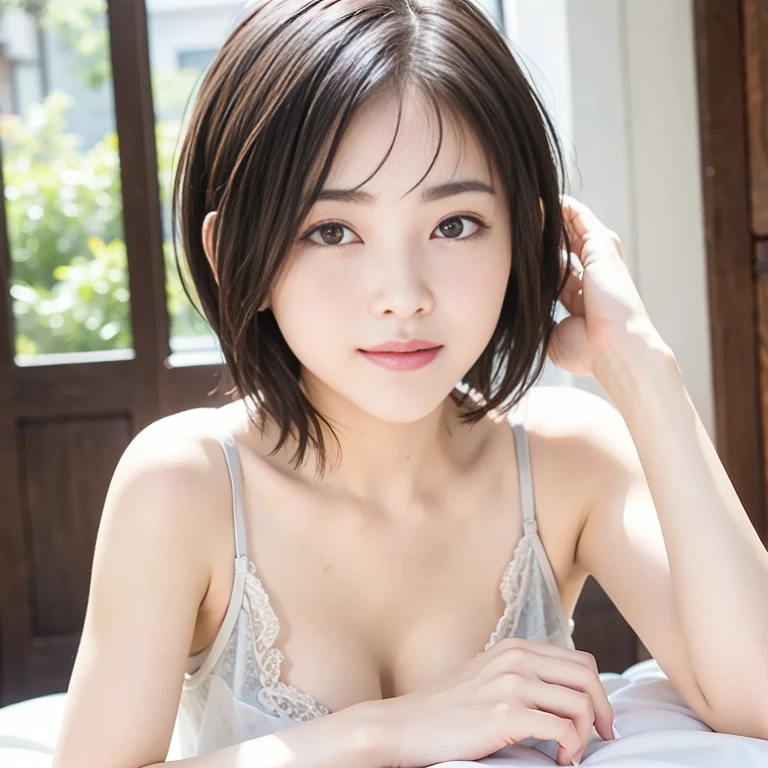 Nikon Z 85mm、(Raw foto:1.2)、 ulzzang -6500-v1.1,
(intricate-detail、Sharp Focus、proffesional、Photorealsitic、top-quality、Live action、8K、
(realisitic、Real Human、)portlate、photorealisim、)、
(a beauty girl、Japanese high school girl、18year old、1 girl in、独奏、(Excellent style、(de pele branca、Slender Abs:1.1、moderately sized milk,:3.2、))、
(Attractive woman、(Shyness、seductiv、glamor、become、kawaii、waking up、))、
(bob cuts、(A dark-haired、shinny hair、))、
(hyperdetailed face、(very detailed lips、round and detailed eyes、二重まぶた、Moist eyes、Delicate eyebrows、))、 (garments、(White Y-shirt、short pants、Healthy、A sexy、))、
(a room、(Bedroom of a woman living alone、Real life、Mint green curtains、Stylish room、Cute interior、morning、On the bed in the morning sun、White sheets、))、
(hi、(Sleeping in bed、(laying on back、sexypose、seductiv、relax、))、
(the pose、(provocation、seductiv、A sexy、))、