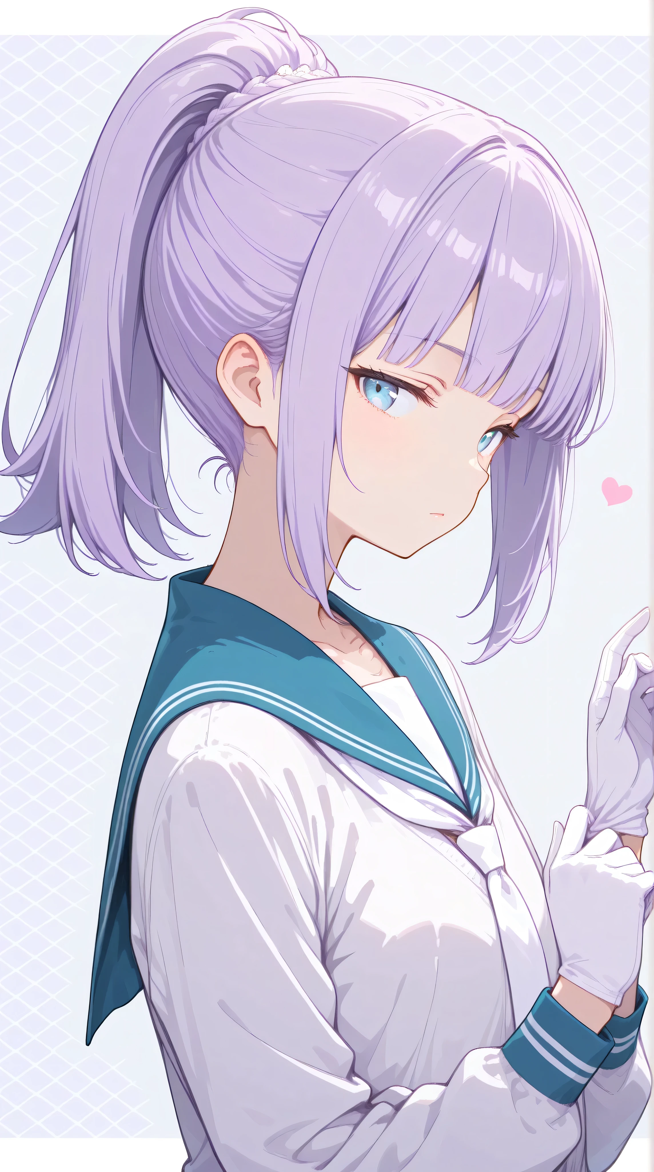 (watercolor:0.4), (pastel:0.6), 1 girl, alone, blue eyes, school uniform, ponytail for beauty, long hair, looking at viewer, sailor suit, upper body, sailor collar, heart, black hair, cardigan, necktie, bangs, black, white necktie, closed mouth, sidelocks, gray background, collarbone, long sleeves, blue sailor collar as base, 1girl, standing, (adjusting glove:1.3), from side, upper body, sideways glance, expressionless, BREAK girl, , flat chest, [silver hair:purple hair:0.4], (light purple hair:1.4), bob cut, straight hair, blunt bangs, blunt ends, grey eyes, narrowed eyes, (pink lips:0.8), (wellington glasses:1.2), BREAK butler, white gloves, black jacket, white background, mimosa \(flower\) pattern background, masterpiece, best quality, amazing quality, newest, general, (real skin:1).