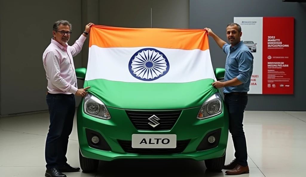 Create an image a man has in his hand Pakistan flag and sit the car this car colour is green men pent colour is white and his shoes is green and his T shirt colour is green"Amir" name write in his T shirt