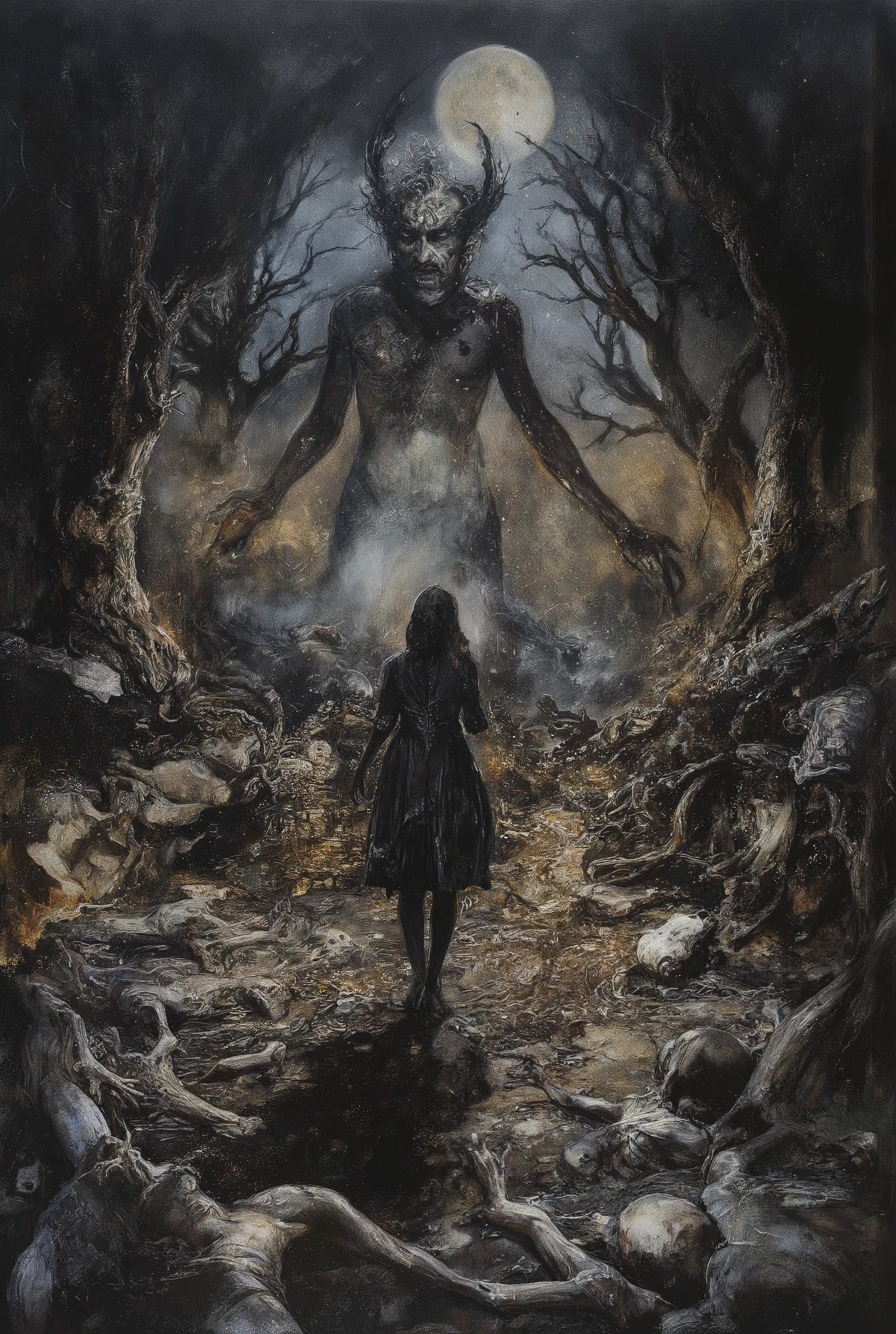 A hellish tableau unfolds on the ravaged battlefield of Armageddon: an alluring demoness saunters amidst the scattered s. Twisted trees and skeletal remains stretch towards the darkened sky like grasping bony fingers. Torches cast eerie shadows, plunging the scene into an abyssal gloom. The demon's form, chiseled from darkness itself, stands bold in ink sketch lines, radiating terror and madness as it towers over the lifeless bodies. A deep, dark background swirls with eerie energy, illuminated only by faint moonlight casting long shadows across the gruesome scene.
