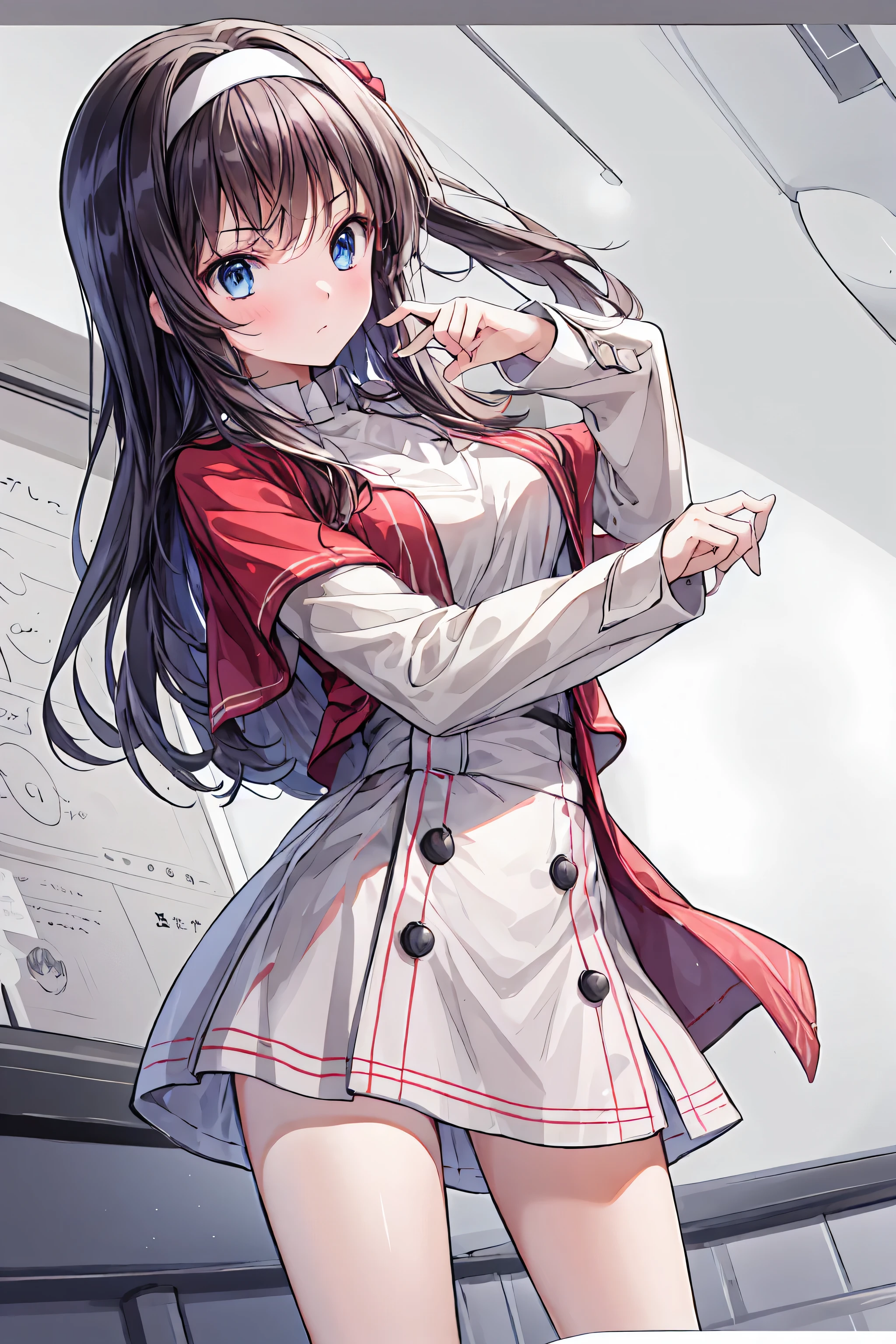 masterpiece, 1 girl, sparrow , dark-haired girl, in、 she's wearing a medieval white priest's suit , curly long hair, messy hair, slender bodies, wears a brown capelet and wears a hood, I'm wearing a golden capelet and hood with my left eye closed , Shirt ornament , Aqua Eyes, shows her back , stupid hair, black vest, babies for breeding species , big breasts, beautiful breasts, Round Breasts, braided hair, White Maid Headbands , long sleeve, beautiful eyes, white stockings, droopy eyes, miniskirt, brown skirt to hide off-screen hands, plaid skirt, she pees on the bed, She shows off her pants , Her age is 19 years old