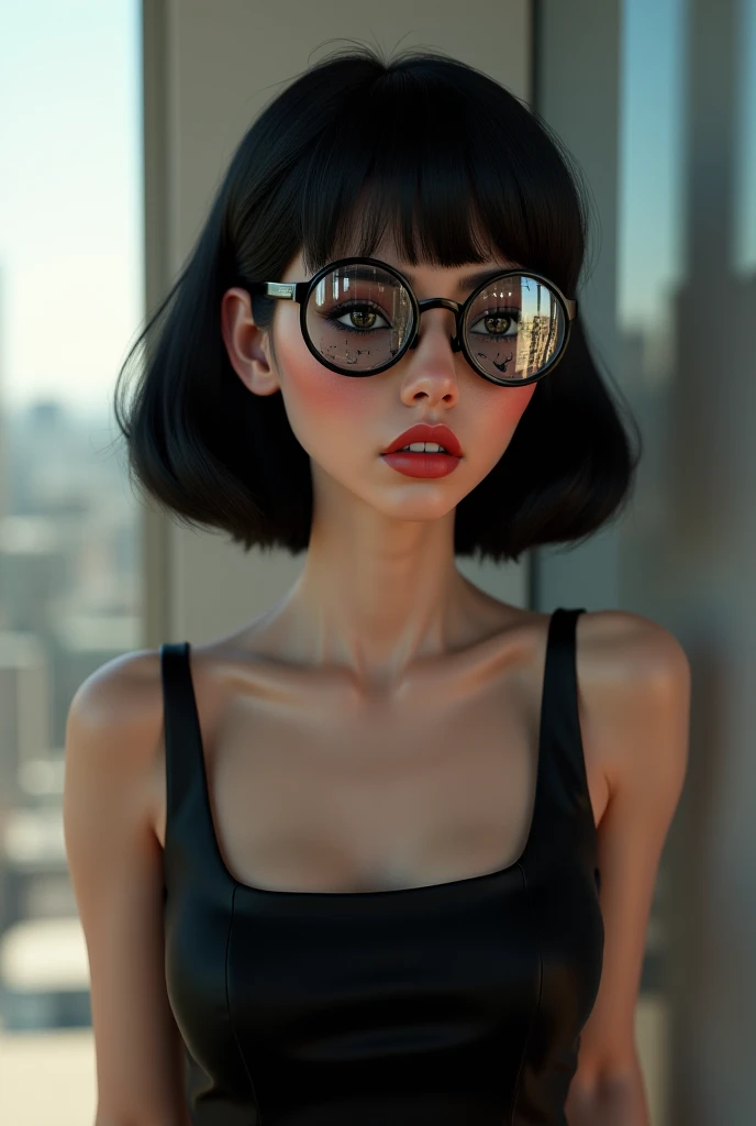 Pale goth girl, heavy makeup, round glasses, brown hair, white crop top --auto