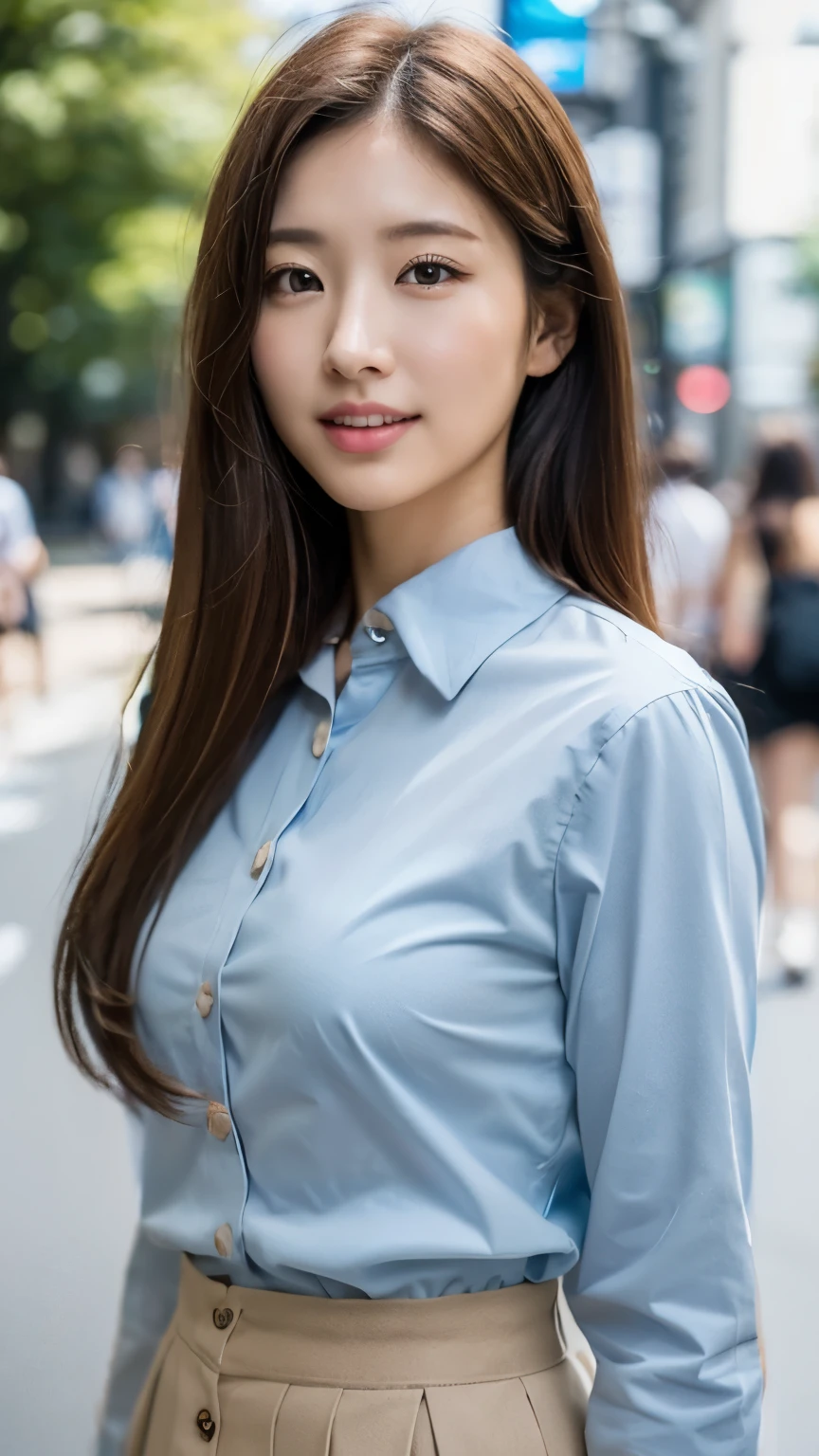 masterpiece, best quality:1.1), (8k, raw photo, photo realistic:1.2, f22), (shiny skin), detailed skin,long hair,detailed face, detailed eyes,smile,BREAK, real world, intricate details, smil, BREAK, 1girl, full body,(shirt,pants,)BREAK, (city:1.4)