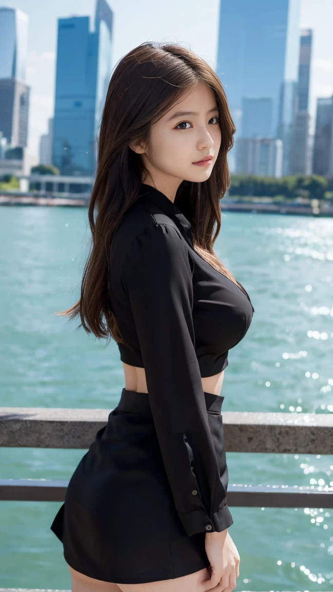 photography of a brightly sangmi nam who is korean actress,masterpiece,photorealistic,analog,realism,korean idol,slim leg, long_brown_hair,1 girl, very bright backlighting, solo, {beautiful and detailed eyes}, large breasts,calm expression, natural and soft light, hair blown by the breeze, delicate facial features, Blunt bangs, beautiful korean girl, eye smile, very small earrings,(wearing a black long-sleeved dress:1.3),long hair,23yo,film grain, realhands,shy smile,(The girl must be standing with the sunset behind them,chest pushed out, and head tilted:1.5),(The wind blows her hair:1.4),(cowboy shot:1.3),(shot from below:1.5)
