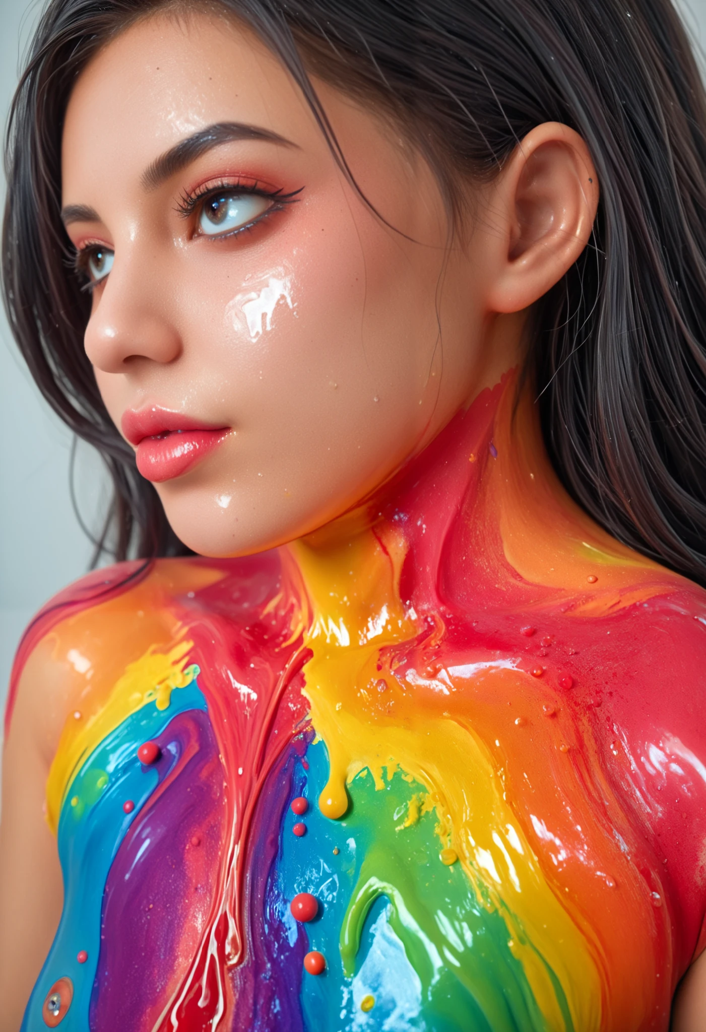 best quality 、high quality 、 highest resolution、High Resolution、8K quality、high definition 、best quality、 masterpiece 、 movie-like images、 Immersive Footage 、 Very realistic looking image 、Realistic Images、 perfect detail 、 high contrast 、High fidelity、 perfect picture、Close to reality、 images reproduced in detail、Detailed and realistic human body、Detailed and realistic human skin、 realistic face down to the details、 eyes drawn realistically in detail 、 Realistic lips drawn down to the smallest detail 、 detailed and realistic teeth、Realistic ears、 Realistic hair 、((Japanese models))、((junior idol))、(( girls who were born))、((cute face))、(( black hair))、((flat chest、SMALLE BREASTS))、(( petite figure、slim figure))、(((with shiny skin covered in oil all over)))、(((Body Art)))、(((Liquid Art)))、(((Mucus Art )))、(((Apply colorful slime all over skin)))、(((Apply colorful paint liquid all over skin)))、(((Apply colorful oil paint all over skin)))、(((Apply colorful oil all over skin)))、(( subject close-up ))