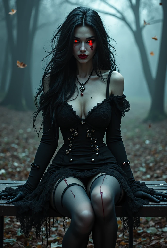 Ekaterina is a 2 adult woman, has long silky black hair with bangs; her eyes are a bright scarlet tone, and is 167 cm tall. She is wearing a Slipknot crop top, a red pleated skirt, black buccaneer tights, and knee-length platform boots with buckles.
She has a villain charm, mischievous type of beauty
She is sitting on a gothic graveyard
The picture has to be anime