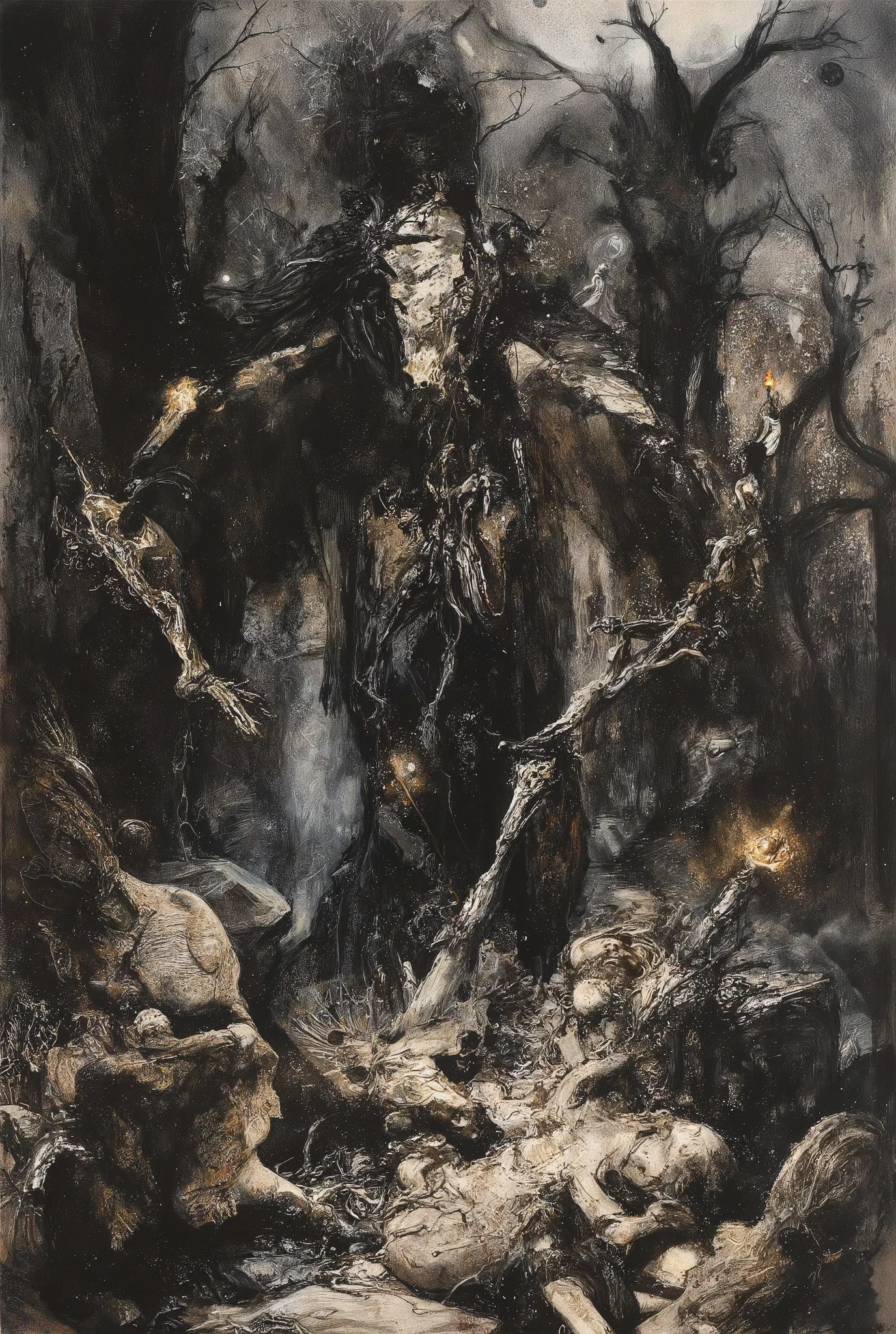 A hellish tableau unfolds on the ravaged battlefield of Armageddon: an alluring demoness saunters amidst the scattered s. Twisted trees and skeletal remains stretch towards the darkened sky like grasping bony fingers. Torches cast eerie shadows, plunging the scene into an abyssal gloom. The demon's form, chiseled from darkness itself, stands bold in ink sketch lines, radiating terror and madness as it towers over the lifeless bodies. A deep, dark background swirls with eerie energy, illuminated only by faint moonlight casting long shadows across the gruesome scene.