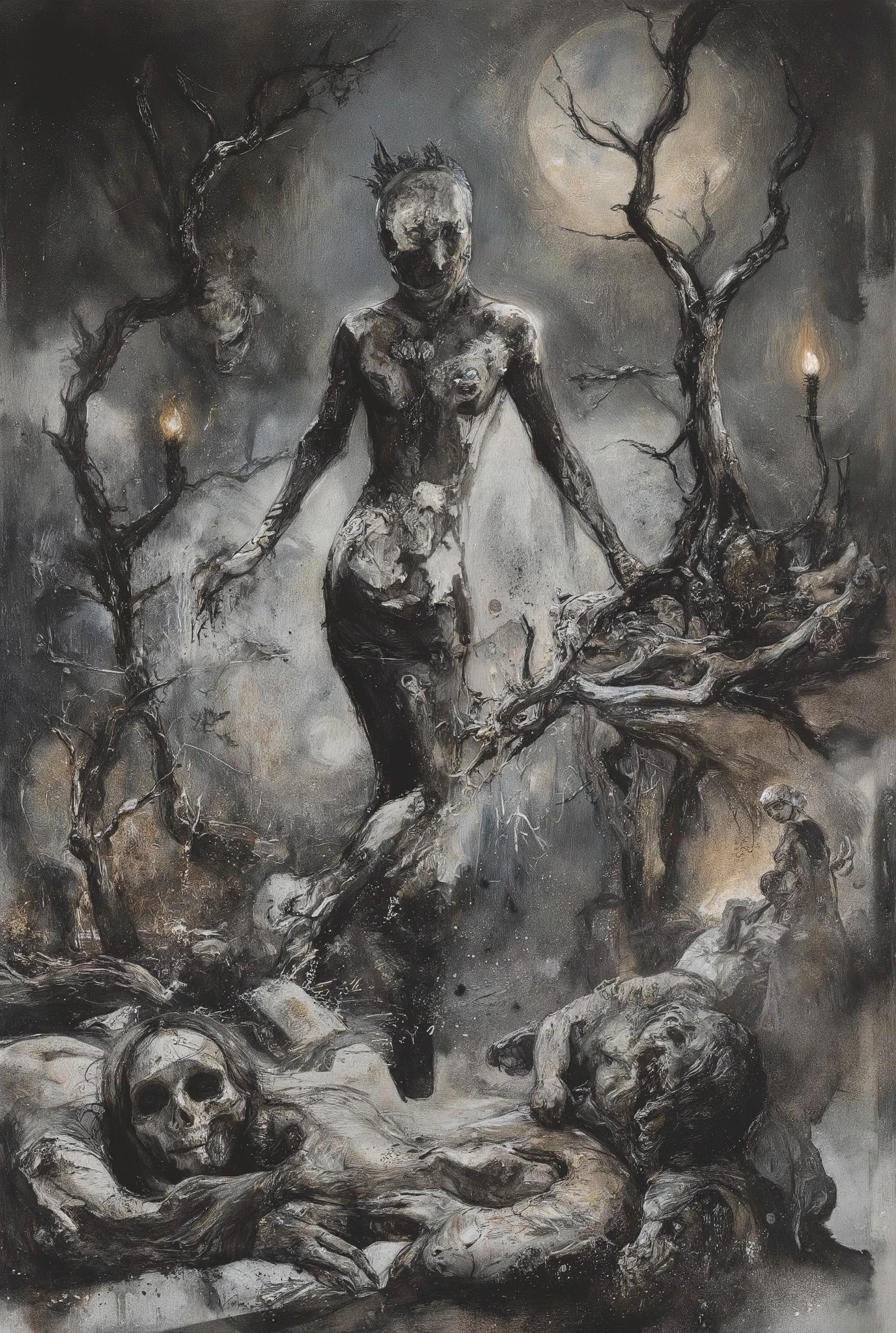 A hellish tableau unfolds on the ravaged battlefield of Armageddon: an alluring demoness saunters amidst the scattered s. Twisted trees and skeletal remains stretch towards the darkened sky like grasping bony fingers. Torches cast eerie shadows, plunging the scene into an abyssal gloom. The demon's form, chiseled from darkness itself, stands bold in ink sketch lines, radiating terror and madness as it towers over the lifeless bodies. A deep, dark background swirls with eerie energy, illuminated only by faint moonlight casting long shadows across the gruesome scene.