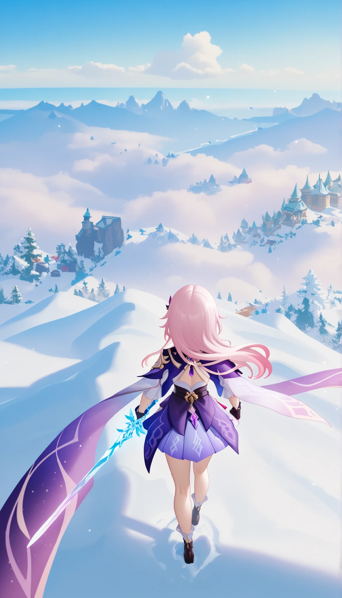 Extreme Details, flawless, Aerial View,  like a work of art , Anime girl with ice and snow sword, Her pink hair and long purple skirt complement each other., Gazing at the distant Saika Genshin, Leading to the world of Genshin.