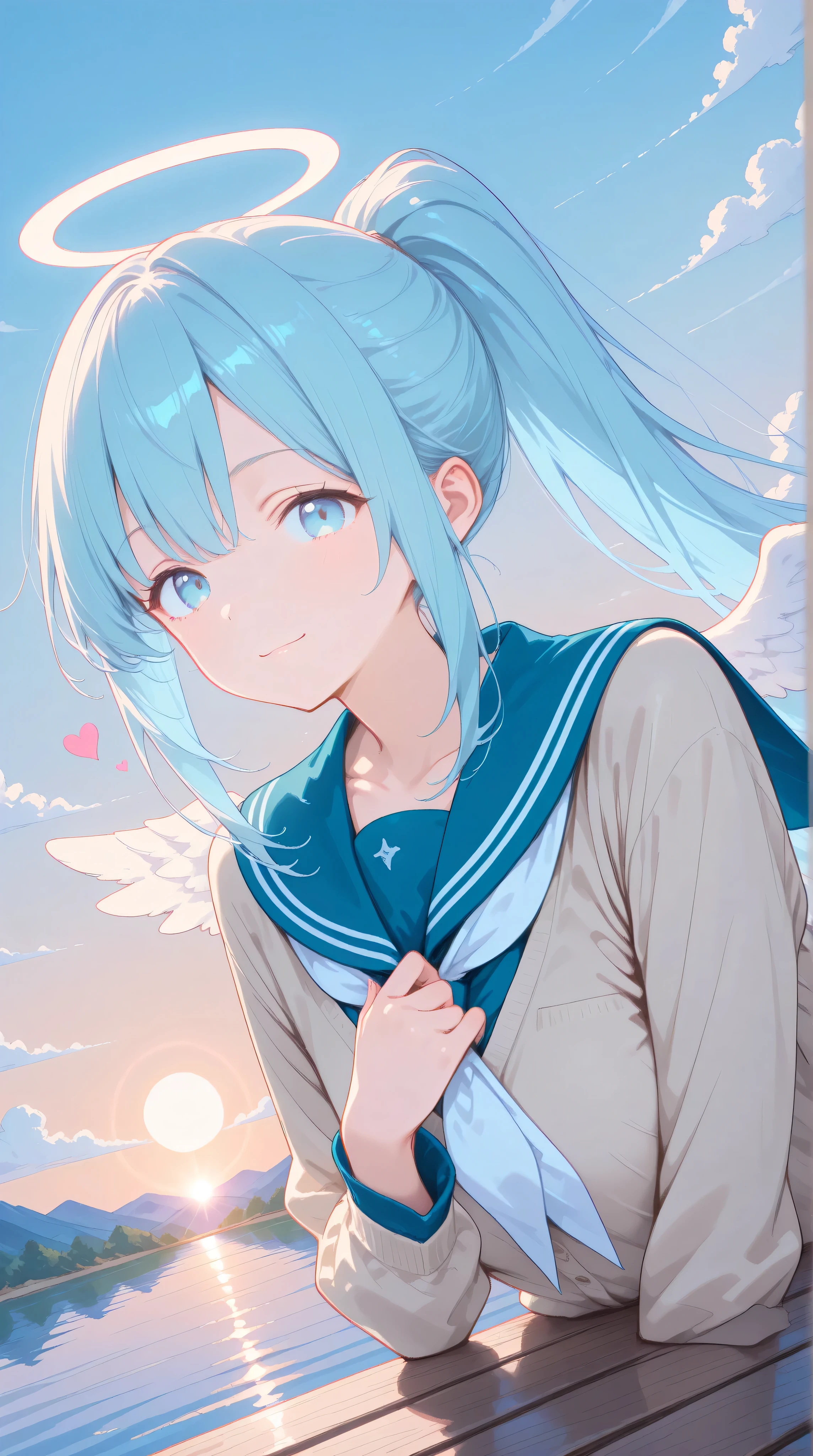 (watercolor:0.4), (pastel:0.6), 1 girl, alone, blue eyes, school uniform, ponytail for beauty, long hair, looking at viewer, sailor suit, upper body, sailor collar, heart, black hair, cardigan, necktie, bangs, black, white necktie, closed mouth, sidelocks, gray background, collarbone, long sleeves, blue sailor collar as base, masterpiece, best quality, very aesthetic, absurdres, ultra detailed, 8K, highly detailed, newest, highres, colorful, abstract, (ephemeral), super delicate, very cute and adorable, soft illustration, cute illustrations, super delicate hair, from below, super detailed eyes, break, mature_female, very aesthetic, absurdres, absolutely resolution, ultra detailed, 64K, super fine illustration, highly detailed beautiful face and eyes, perfect anatomy, cute illustration, refreshing, lens_flare, cinematic shadows, break, wavy hair, (ultra delicate hair), semi-long hair, break, from side, hand on own chest, (light blue hair), (ponytail), (brown eyes), wave hair, (ultra_delicate_hair, long hair), (solo:1.4), (hand on own chest), angel, (white wings: 1.2), soft, white angel clothes, (cute pose:1.4), gentle smile, warm light, shining wings, angel halo, (outdoor:1.2), (beautiful lake background:1.3), sunny, (dynamic pose), cute pose, (dynamic angle), confident expression.