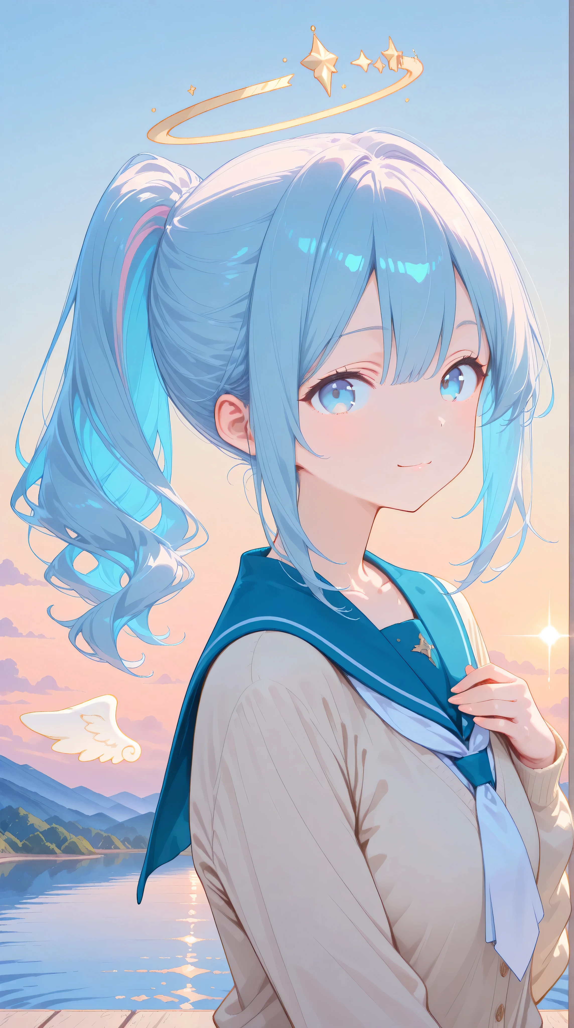 (watercolor:0.4), (pastel:0.6), 1 girl, alone, blue eyes, school uniform, ponytail for beauty, long hair, looking at viewer, sailor suit, upper body, sailor collar, heart, black hair, cardigan, necktie, bangs, black, white necktie, closed mouth, sidelocks, gray background, collarbone, long sleeves, blue sailor collar as base, masterpiece, best quality, very aesthetic, absurdres, ultra detailed, 8K, highly detailed, newest, highres, colorful, abstract, (ephemeral), super delicate, very cute and adorable, soft illustration, cute illustrations, super delicate hair, from below, super detailed eyes, break, mature_female, very aesthetic, absurdres, absolutely resolution, ultra detailed, 64K, super fine illustration, highly detailed beautiful face and eyes, perfect anatomy, cute illustration, refreshing, lens_flare, cinematic shadows, break, wavy hair, (ultra delicate hair), semi-long hair, break, from side, hand on own chest, (light blue hair), (ponytail), (brown eyes), wave hair, (ultra_delicate_hair, long hair), (solo:1.4), (hand on own chest), angel, (white wings: 1.2), soft, white angel clothes, (cute pose:1.4), gentle smile, warm light, shining wings, angel halo, (outdoor:1.2), (beautiful lake background:1.3), sunny, (dynamic pose), cute pose, (dynamic angle), confident expression.