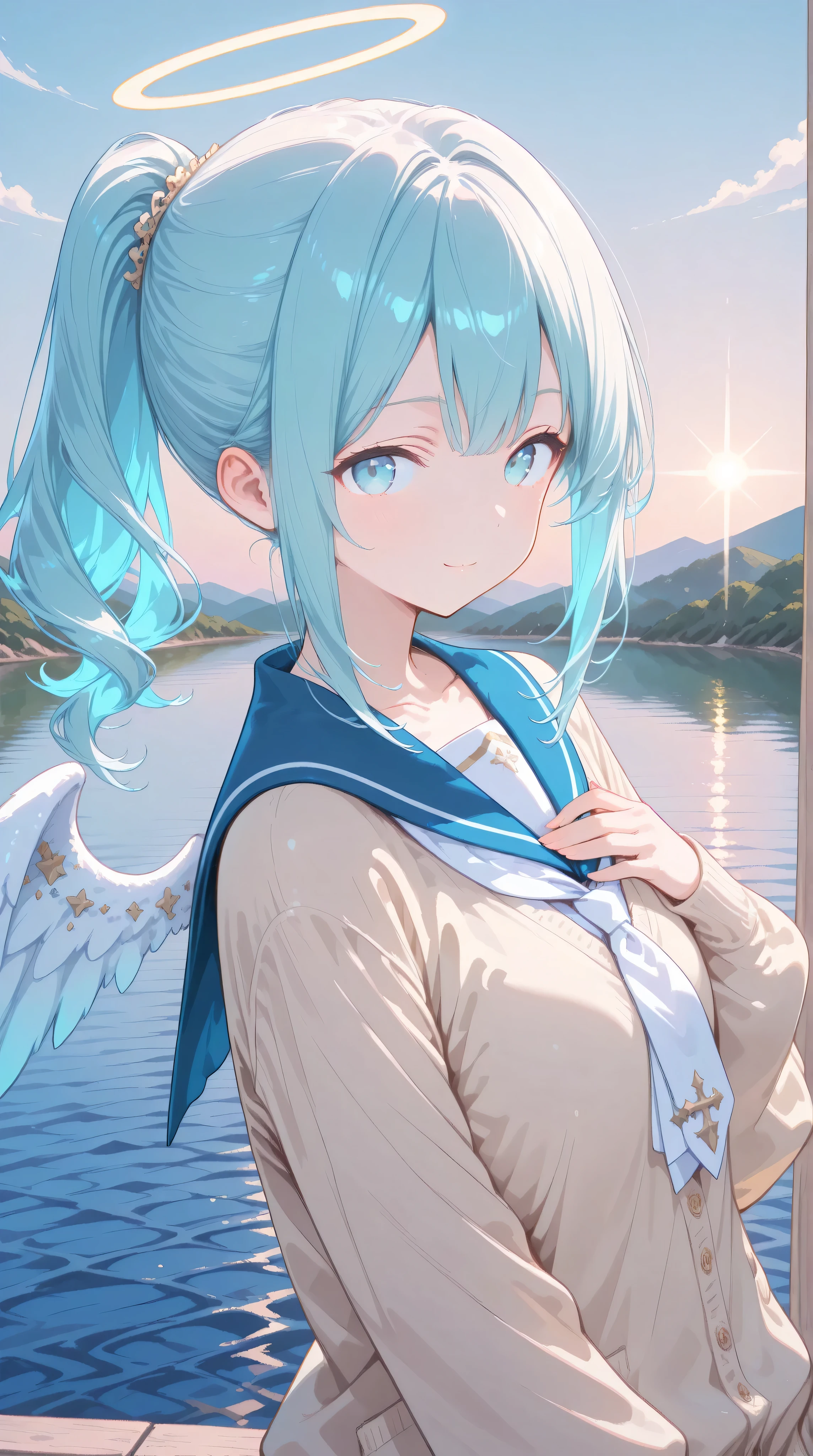 (watercolor:0.4), (pastel:0.6), 1 girl, alone, blue eyes, school uniform, ponytail for beauty, long hair, looking at viewer, sailor suit, upper body, sailor collar, heart, black hair, cardigan, necktie, bangs, black, white necktie, closed mouth, sidelocks, gray background, collarbone, long sleeves, blue sailor collar as base, masterpiece, best quality, very aesthetic, absurdres, ultra detailed, 8K, highly detailed, newest, highres, colorful, abstract, (ephemeral), super delicate, very cute and adorable, soft illustration, cute illustrations, super delicate hair, from below, super detailed eyes, break, mature_female, very aesthetic, absurdres, absolutely resolution, ultra detailed, 64K, super fine illustration, highly detailed beautiful face and eyes, perfect anatomy, cute illustration, refreshing, lens_flare, cinematic shadows, break, wavy hair, (ultra delicate hair), semi-long hair, break, from side, hand on own chest, (light blue hair), (ponytail), (brown eyes), wave hair, (ultra_delicate_hair, long hair), (solo:1.4), (hand on own chest), angel, (white wings: 1.2), soft, white angel clothes, (cute pose:1.4), gentle smile, warm light, shining wings, angel halo, (outdoor:1.2), (beautiful lake background:1.3), sunny, (dynamic pose), cute pose, (dynamic angle), confident expression.