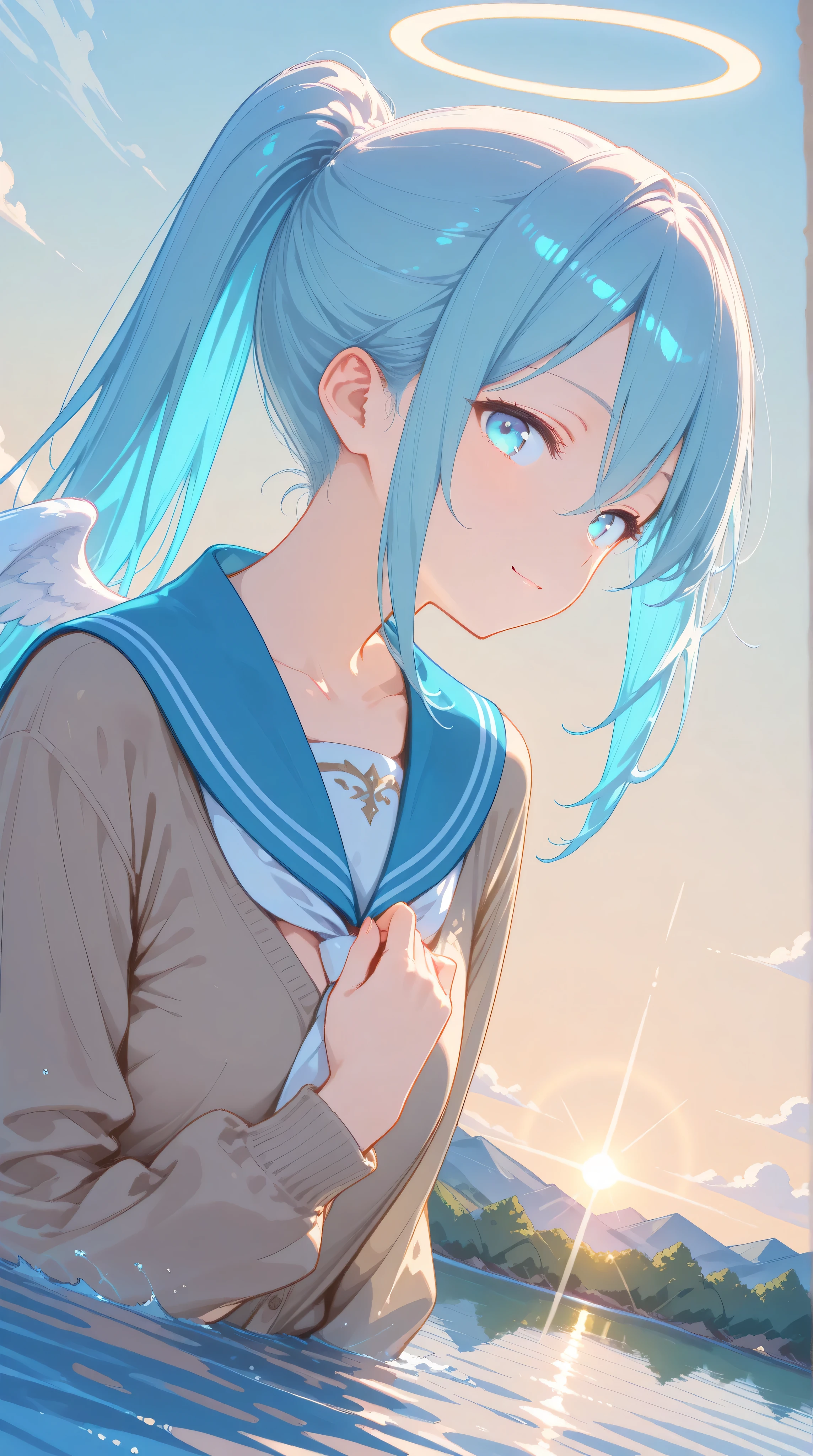 (watercolor:0.4), (pastel:0.6), 1 girl, alone, blue eyes, school uniform, ponytail for beauty, long hair, looking at viewer, sailor suit, upper body, sailor collar, heart, black hair, cardigan, necktie, bangs, black, white necktie, closed mouth, sidelocks, gray background, collarbone, long sleeves, blue sailor collar as base, masterpiece, best quality, very aesthetic, absurdres, ultra detailed, 8K, highly detailed, newest, highres, colorful, abstract, (ephemeral), super delicate, very cute and adorable, soft illustration, cute illustrations, super delicate hair, from below, super detailed eyes, break, mature_female, very aesthetic, absurdres, absolutely resolution, ultra detailed, 64K, super fine illustration, highly detailed beautiful face and eyes, perfect anatomy, cute illustration, refreshing, lens_flare, cinematic shadows, break, wavy hair, (ultra delicate hair), semi-long hair, break, from side, hand on own chest, (light blue hair), (ponytail), (brown eyes), wave hair, (ultra_delicate_hair, long hair), (solo:1.4), (hand on own chest), angel, (white wings: 1.2), soft, white angel clothes, (cute pose:1.4), gentle smile, warm light, shining wings, angel halo, (outdoor:1.2), (beautiful lake background:1.3), sunny, (dynamic pose), cute pose, (dynamic angle), confident expression.