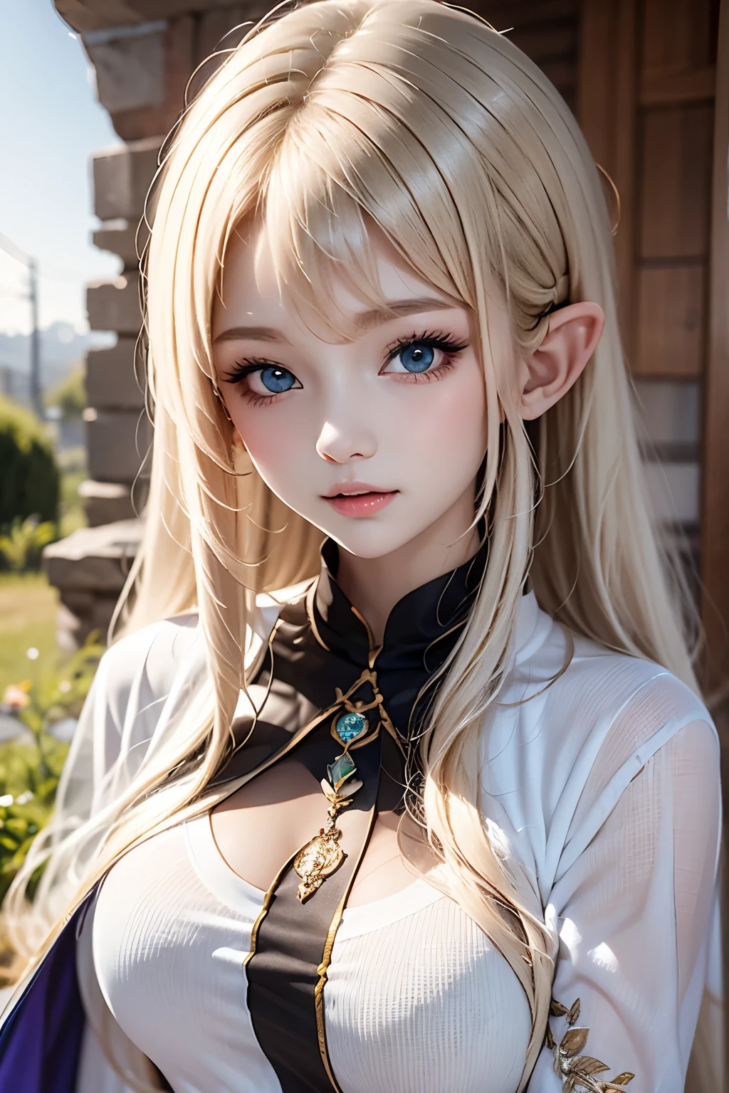 masterpiece,Top Quality,very detailed,photorealistic,realistic, ultra high resolution, Masterpiece with natural light,fantasy,Elf Girl,, very long blonde,thin, perfect eyes,Slender,flat chest,so cute,Green clothes,gem,embroidery,Cape,Deserted Ancient Ruins