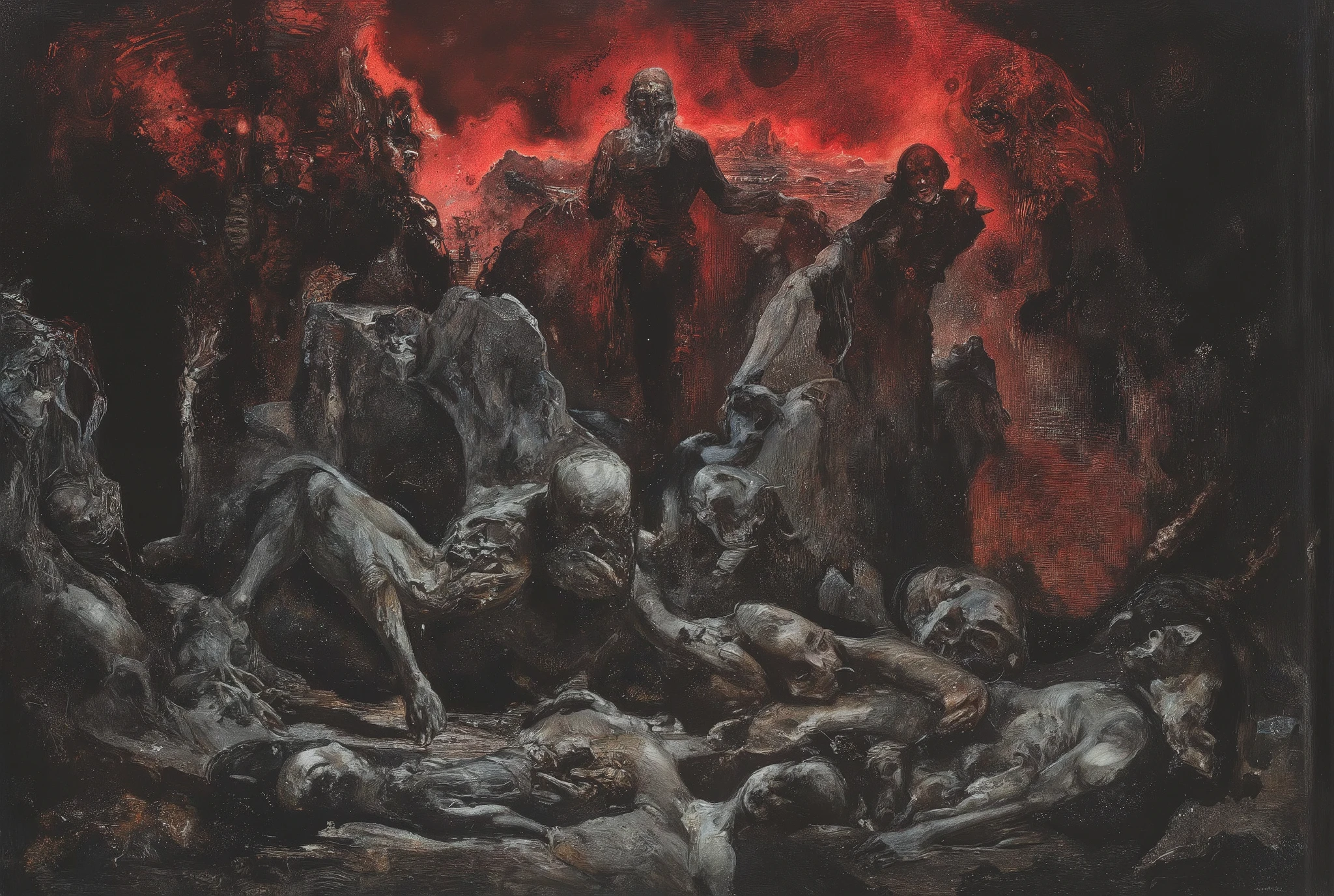 A hellish tableau unfolds on the ravaged battlefield of Armageddon: an alluring demoness saunters amidst the scattered s. Twisted skeletal remains stretch towards the darkened sky like grasping bony fingers. Moonlight cast eerie shadows, plunging the scene into an abyssal gloom. The demon's form, chiseled from darkness itself, stands bold, radiating terror and madness as it towers over the lifeless bodies. A deep, dark background swirls with eerie energy, illuminated only by faint moonlight, casting long shadows across the gruesome scene.