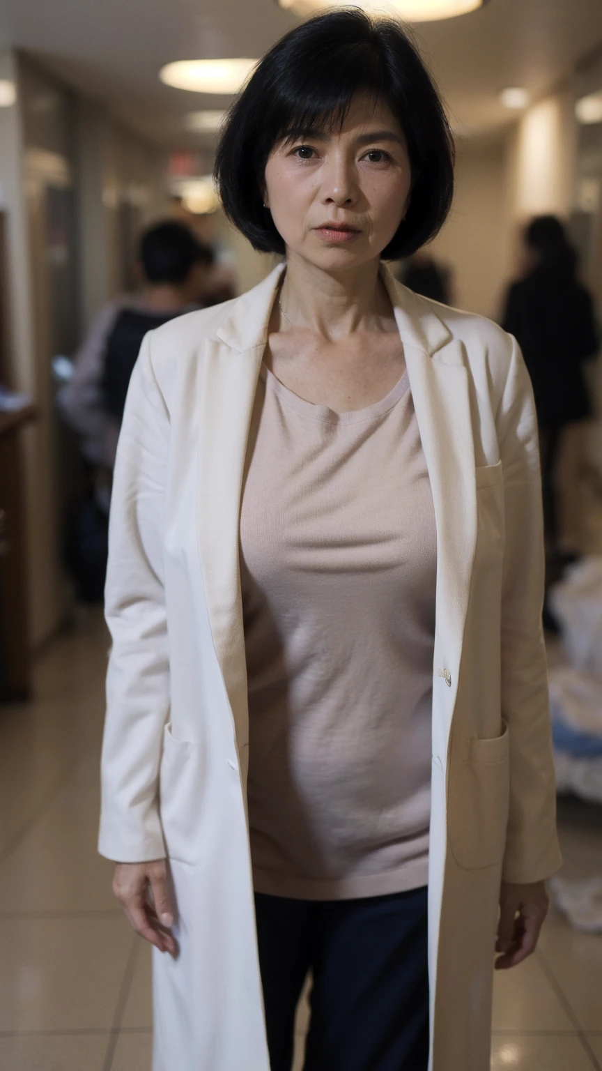 ((highest quality)), ((8K)), ((masterpiece: 1.3)), (perfect appearance), (photorealism: 1.6), (Standing figure of a female doctor), perfect , ((Age 65)), ((white coat)), ((calm expression)), ((hospital lobby)),
