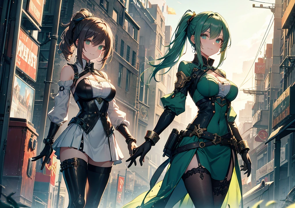 1girl, ((adult)). long glossy hair, dark brown hair, ponytail, white short skirt, milky skin, white leggings with black vines, unbuttoned tailcoat, ((black-vine design on tailcoat/suit)), mint hair-tie, shorts beneath skirt, wet white shirt, (mint green cloak), confident pose, flirty pose, huge grin, cleavage, flat chest, beautiful forest background, perky, super upbeat, very short skirt, flashing mint panties, skirt raised --auto --s2