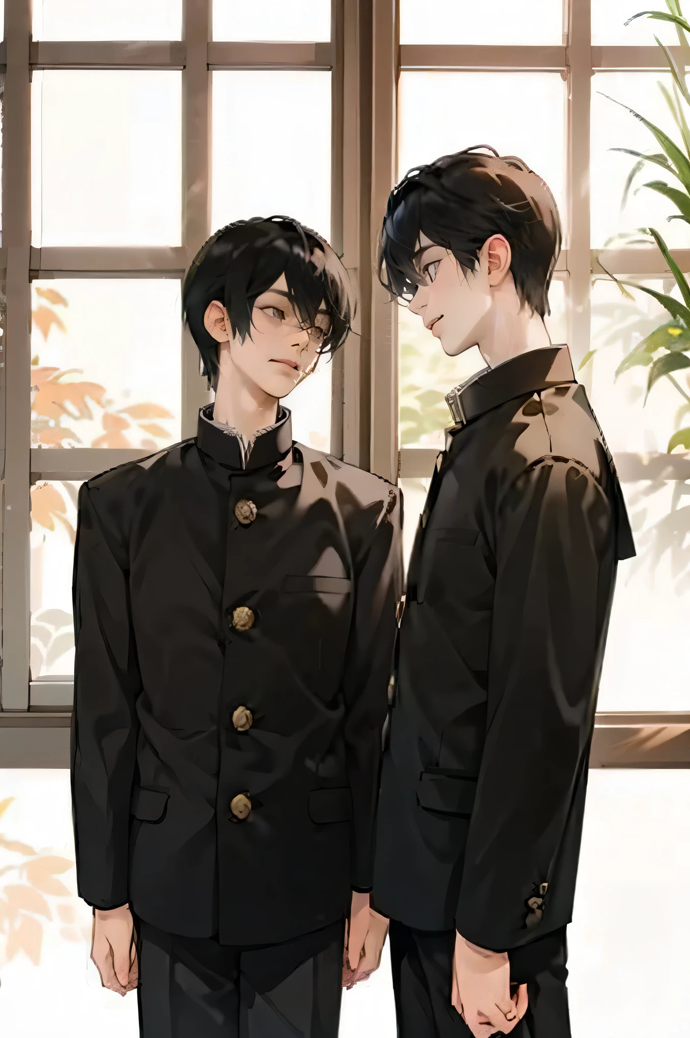 Two Japanese men handsome smile In the classroom window Black school runを着た二人 school uniform Black school run window windowの外は初春 two stand side by side Black school runを着た二人