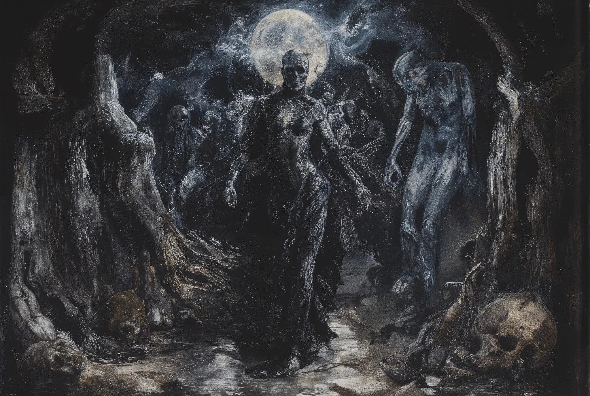 A hellish tableau unfolds on the ravaged battlefield of Armageddon: an alluring demoness saunters amidst the scattered s. Twisted skeletal remains stretch towards the darkened sky like grasping bony fingers. Moonlight cast eerie shadows, plunging the scene into an abyssal gloom. The demon's form, chiseled from darkness itself, stands bold, radiating terror and madness as it towers over the lifeless bodies. A deep, dark background swirls with eerie energy, illuminated only by faint moonlight, casting long shadows across the gruesome scene.