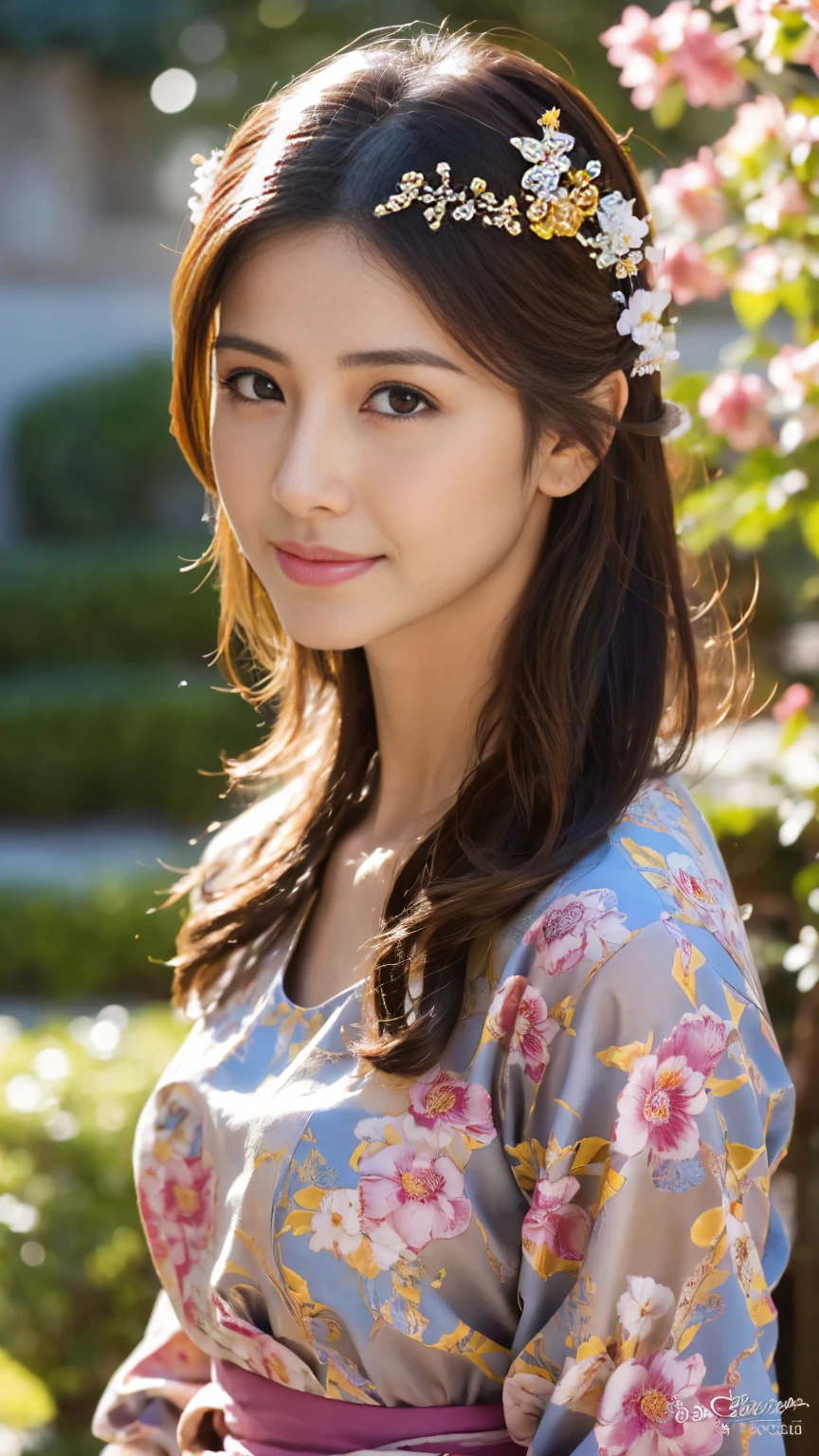 (Highest quality,8K quality,masterpiece:1.3),(Ultra-high resolution,Realistic:1.4,Live Shooting),(Very detailed,Caustics),(Ultra-Realistic Capture,Beautiful and detailed skin),19 years old,Beautiful Japanese, Medium Hair, Asymmetrical bangs, Brown Hair, I'm looking at the camera with a smile on my face,Soft Light,A ray of light shining from above,Natural light,((blouse)),(((One Woman))),garden