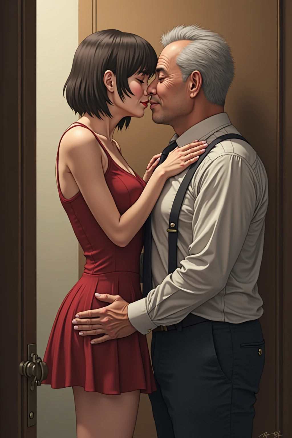 The man in his 55s with black very short hair and smooth face with moustache. The woman in her 55s with brown long wavy hair. In the retro office. Night, dark, dim. The man is wearing unbuttoned light blue shirt. The woman is wearing floral red dress. Doggy sex. The woman is moaning. Orgasm. Passion. Erotic. Ultra realistic.