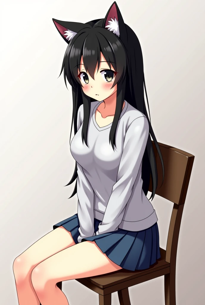 Anime girl with black hair and a cat ears sitting on a chair - SeaArt AI