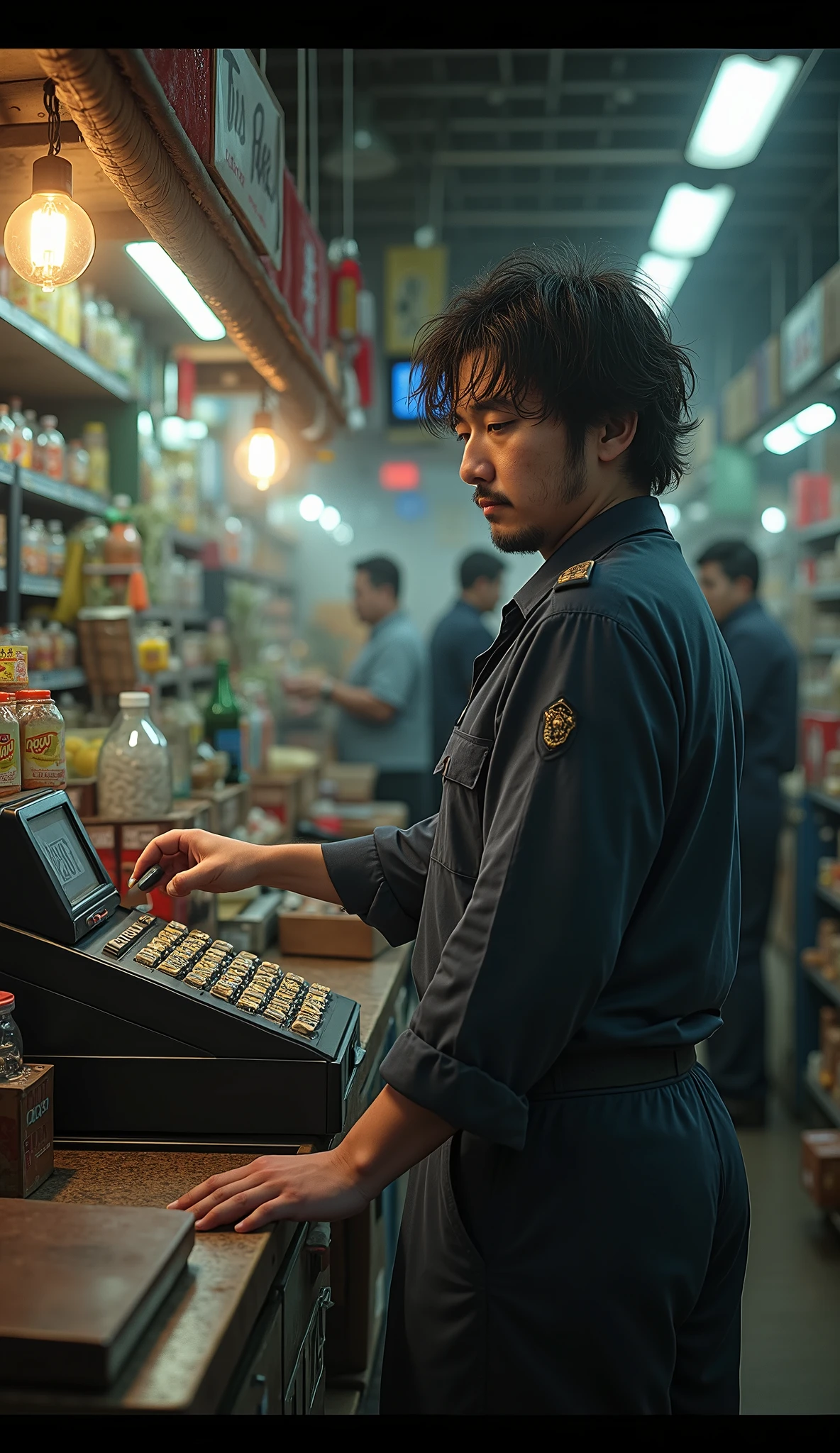 market, Depressed expression in front of the cash register
