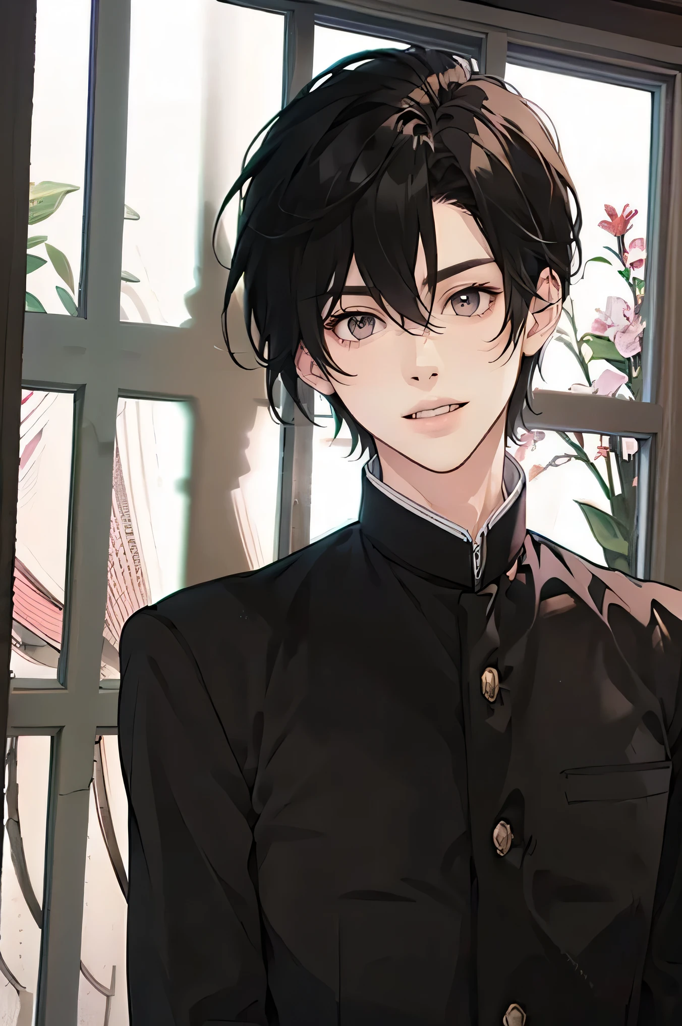 Japanese man handsome short dark-haired adult short cropped smile In the classroom window window windowの外は初spring spring Shaved head Shaved head Shaved head Shaved head Black school run school uniform Black school run 顔がより大きくPortrait of a mysterious woman surrounded by Portrait of a mysterious woman surrounded by