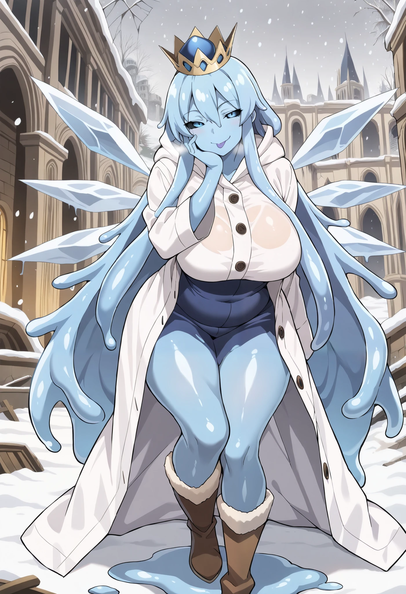 4K, 8K, masterpiece, ultra detailed, best quality, amazing quality, very aesthetic, 1girl, milf, solo, plump, voluptuous, slime girl, (colored skin, blue skin:1.3), cirno, (large breasts), (((blue hair), very long hair, hair between eyes, long sidelocks, black sclera, blue eyes, half-closed eyes, ice wings, ice, shiny)), purple lips, ((crown, white raincoat, boots)), :p, hand on own cheek, ((looking at viewer, abandoned palace, winter, snowing))