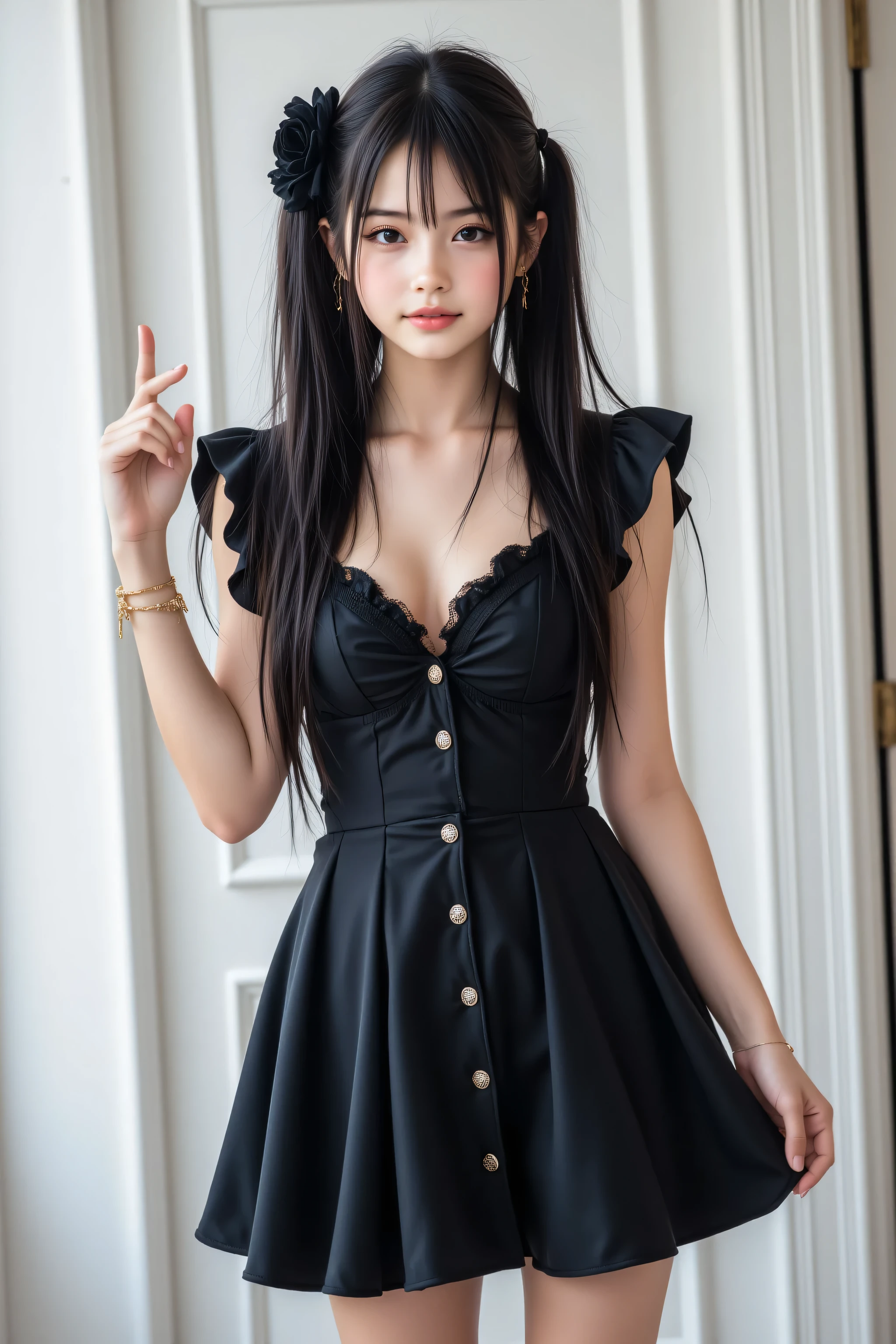 ulzzang -6500-v1.1, (Raw photo:1.2), (Photorealsitic), a beautiful detailed girl, (Real: 1.4), ighly detailedな目と顔, beatiful detailed eyes,  (Strapless blouse, flered skirt, Ultra-realistic pantyhose:1.2, a black choker)、full body Esbian、 (Very affectionate smile:1.2)、huge filesize, hight resolution, ighly detailed, top-quality, [​masterpiece:1.6], illustratio, ighly detailed, nffsw, finely detail, top-quality, 8k wallpaper, Cinematographic lighting, 1girl in, 17 age, perfect body type, cute droopy eyes beautiful big eyes、Pieckfinger, ((masutepiece)), Best Quality, 1girl in, eye shadow, Upper body, Portrait, ((FULL BODYSHOT:1.6))、