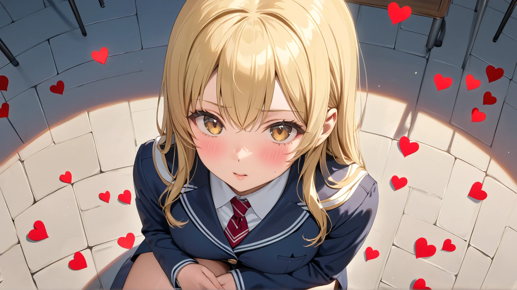 (Top Quality, masterpiece, super precise, High Resolution), 8k, Anatomically Accurate Body, anime girl, Blonde Goddess, beautiful charming anime woman, Black, beautiful face, perfect face, 非常に詳細なbeautiful faceと目, charming face, detailed face, delicate facial features, sitting, uniform, high school student, alone, from above, Surrounded by many hearts,