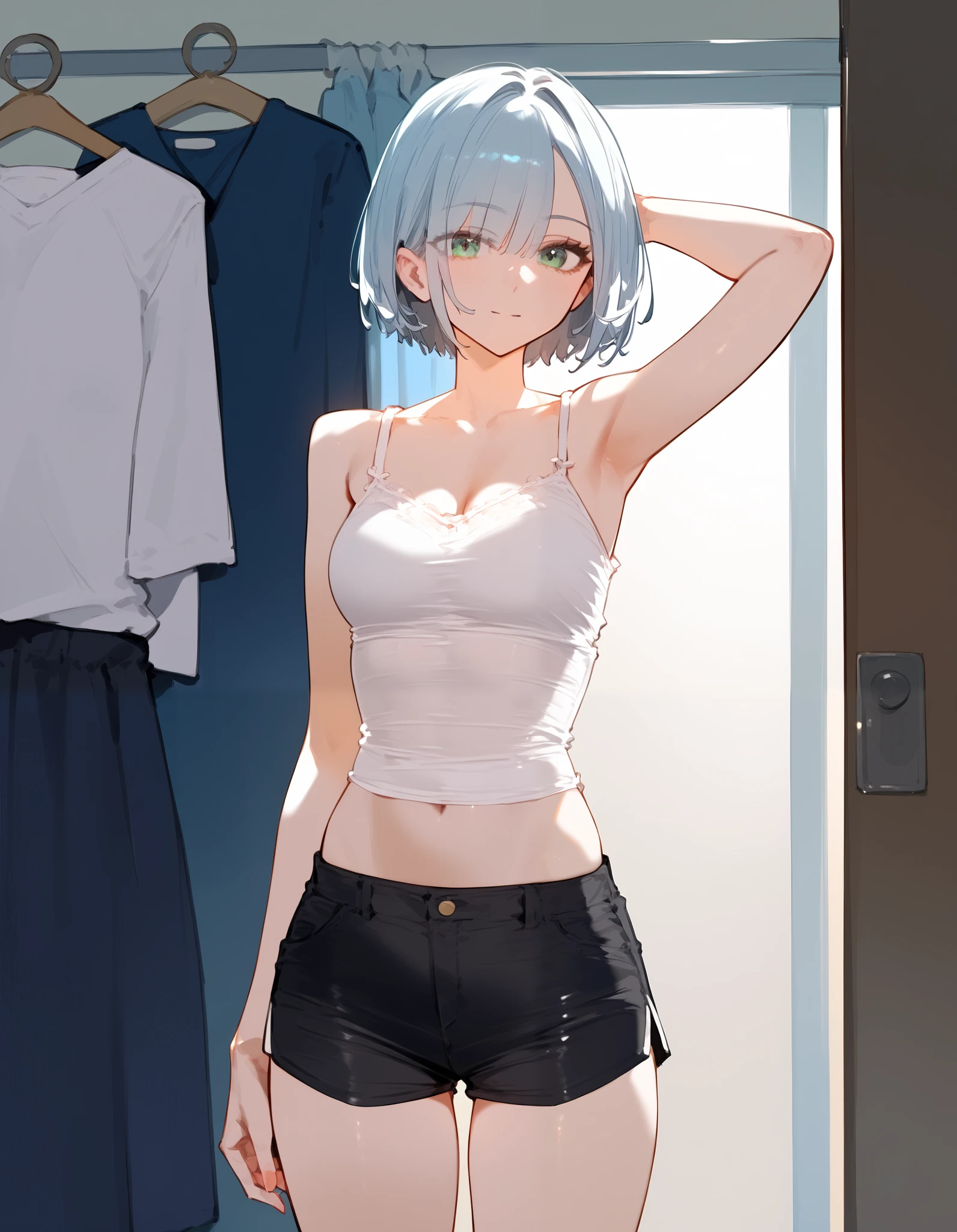 (((high image quality)))、((One person))、38-year-old Japanese woman、 Skinny Body 、short hair、white camisole、wearing black shorts、Just before taking off clothes in the dressing room、Looking Here、