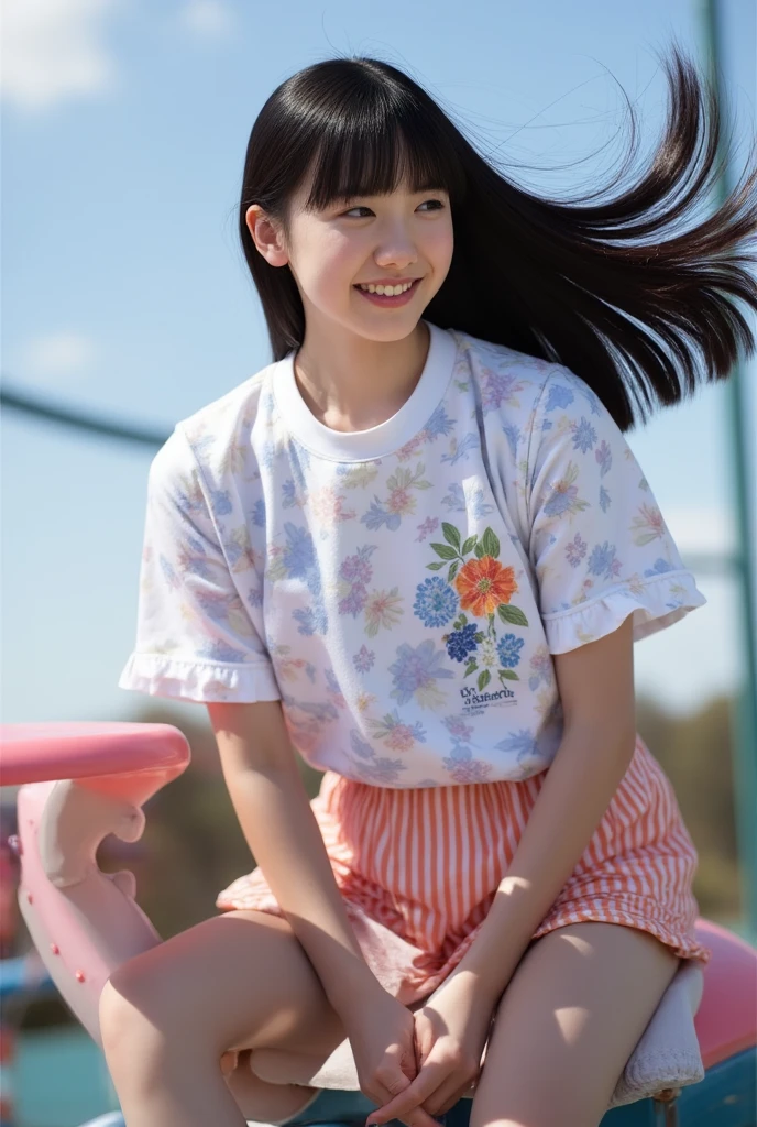 photorealistic depiction of a joyful little girl, outside, white printed t-shirt, pleated skirt, blunt bangs, short hair, dewy skin, happy expression, natural lighting, volumetric light, detailed clothing, high quality, HDR, UHD, joyful expression, photorealism, masterpiece, detailed features, beautiful lighting