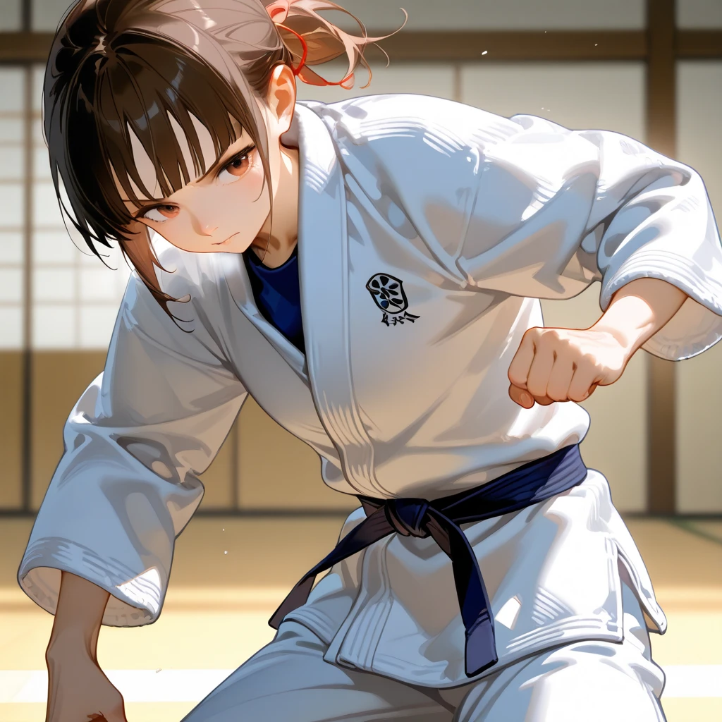 high quality,HD,16k,sharp lines,1 girl,Female karate athlete ,cute face, large breasts, nice legs,At the karate venue,focus girl,detailed beautiful face,detailed clothes,beautiful eyes,cool,dynamic angle