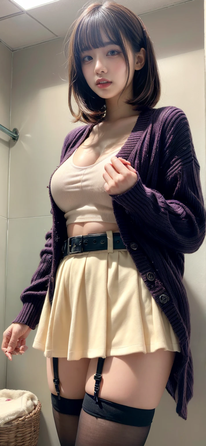 A 23-year-old white woman with unparalleled beauty.、blue eyes、Eyes are patchy、Hair color is dark blonde and purple gradation、hair is wavy、semi-long、smile、wearing a black choker、Slender yet well-proportioned body with big breasts、Muscular like a top athlete、sunlight is shining from above、photorealistic images、8K quality、I'm punching my chest、I don't want my head to disappear from the screen.、Wearing accessories on your wrist、I'm wearing a necklace、Tall height and style like a model、secure head space、チャーミングなsmile、wearing a blouse under a cardigan、I'm wearing a long pleated skirt、I'm wearing dark blue socks、I'm wearing loafers、smile、hands on hips