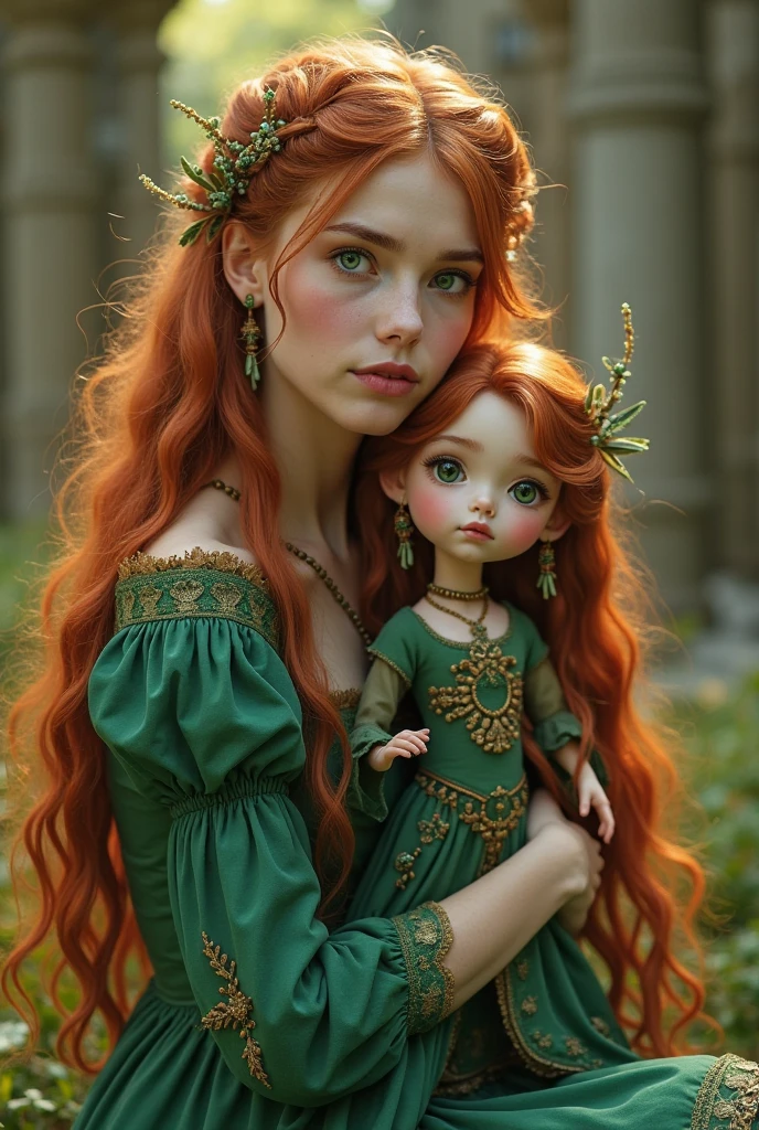 A gorgeous, pretty, shiny, kind-hearted, warm-hearted, sweet, polite, sensitive, friendly, charming, graceful, stylish, classy, alluring, majestic, ethereal, angelical ginger long haired russian woman dressed in traditional folk winter costumes. She's with a little cute girl.