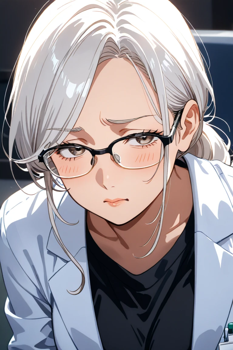 A young woman with white, porcelain skin crouches down in the midst of an upper-grade laboratory, her glasses perched upon her nose as she intently examines a beaker filled with a mystery substance. Her tongue tentatively sticks out, testing the air as she ponders the next steps in her experiment. Sudden excitement takes over as she makes a breakthrough, her mouth opens wide in a grin, displays a hint of drool, and her gaze fixates on the viewer, inviting us to join her in this thrilling discovery. Her sharpfocus glasses reflect the soft, white light of the laboratory, casting intriguing shadows on her determined face. Seemingly unfazed by the momentous featSexy and provocative