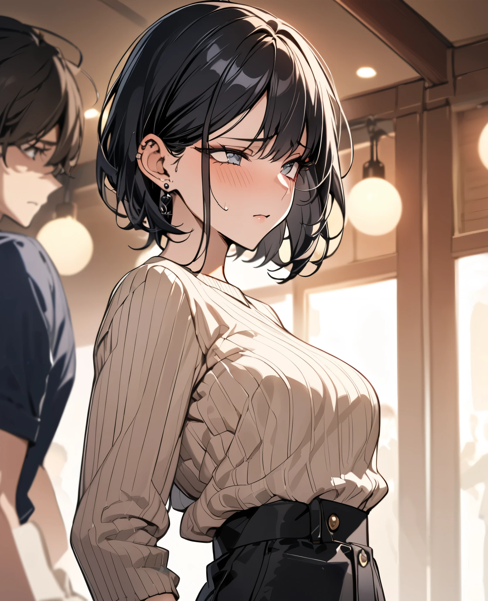 ((masterpiece, best quality)), androgynous male, feminine features, black short hair, bob cut, delicate jawline, soft eyes, long eyelashes, slender build, slightly feminine body shape, gentle expression, fair skin, subtle makeup, ear piercings, casual stylish clothing, ambiguous gender presentation, bishonen, pretty boy, (high quality), perfect lighting, detailed face, natural pose, shy face
