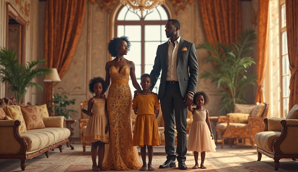 une famille africaine très riche assise dans un salon somptueux