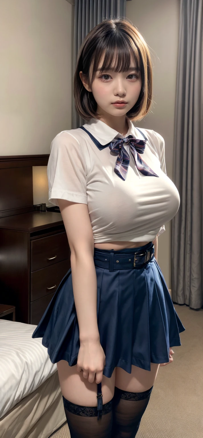 (8K, 超A high resolution, Best Quality, masutepiece:1.2),(18year old:1.2)、(Look away)、8K、RAW portrait of japanese girl、Photorealsitic、超A high resolution、top-quality、 (huge-breasted、Close all buttons on the shirt:1.4)(student clothes、Pure White Cutter Shirt、Blue Check Pleated Mini Skirt:1.4)、(in a street:1.2) BREAK (Natural Skin Texture、Detailed skin、Hyper-Realism、ultra sharpness)、intricate detailes、depth of fields(Put a white shirt inside the skirt:1.3)、Show the armpits、Plaid pleated skirt(Blonde short-haired、Shiny legs、Black loafers、Black stockings:1.3)